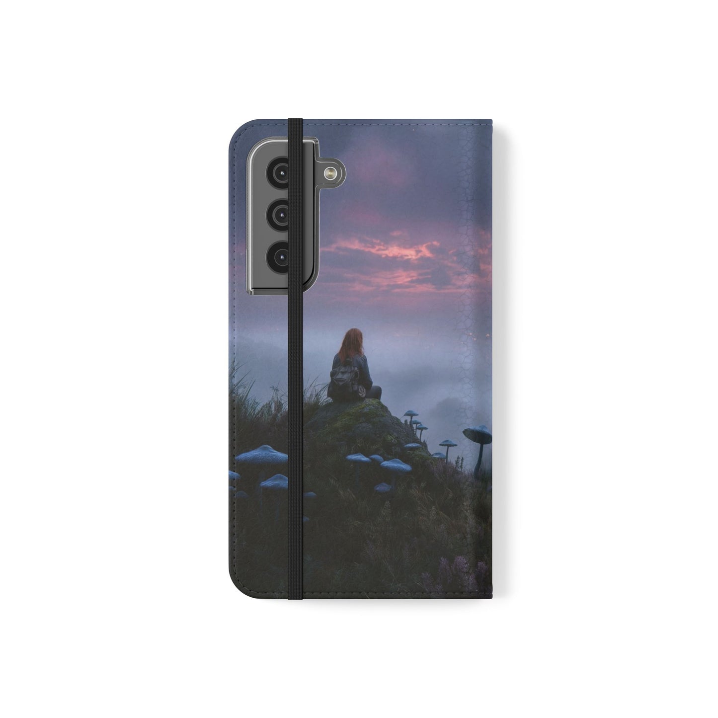 Misty Hilltop Flip Cases – Red-Haired Wanderer at Twilight