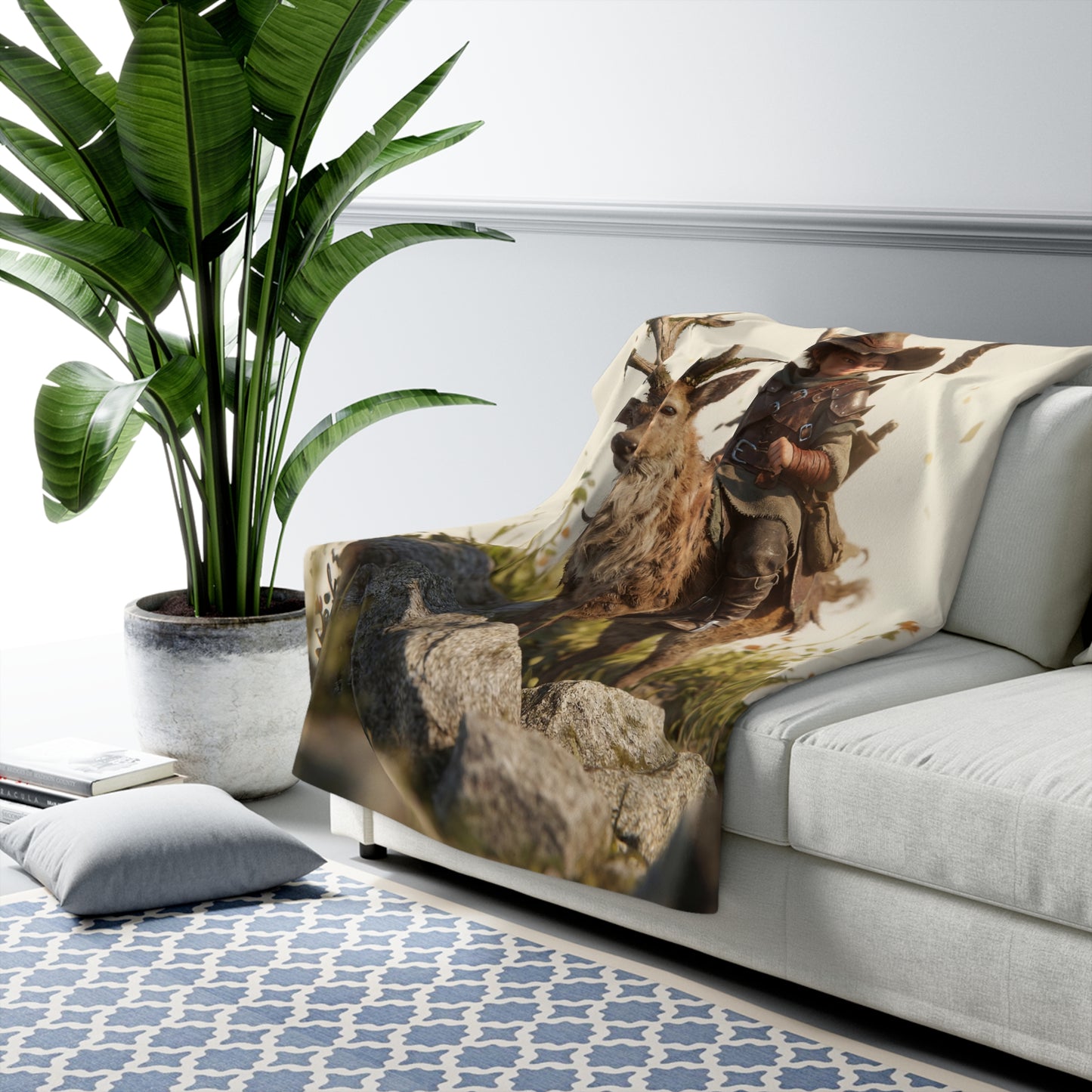 Boy with Antlered Deer Sherpa Fleece Blanket – Sunlit Mountain Guardian