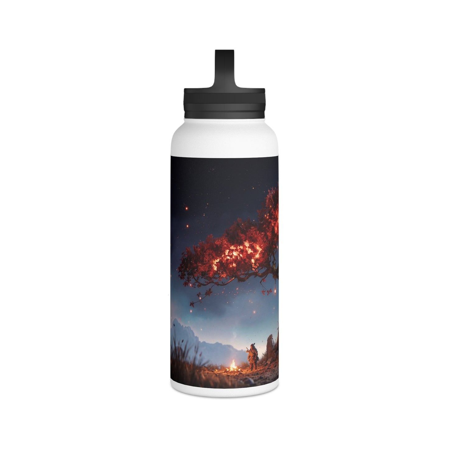 Whispering Flame Tree Stainless Steel Water Bottle, Handle Lid – Moonlit Campfire Sanctuary
