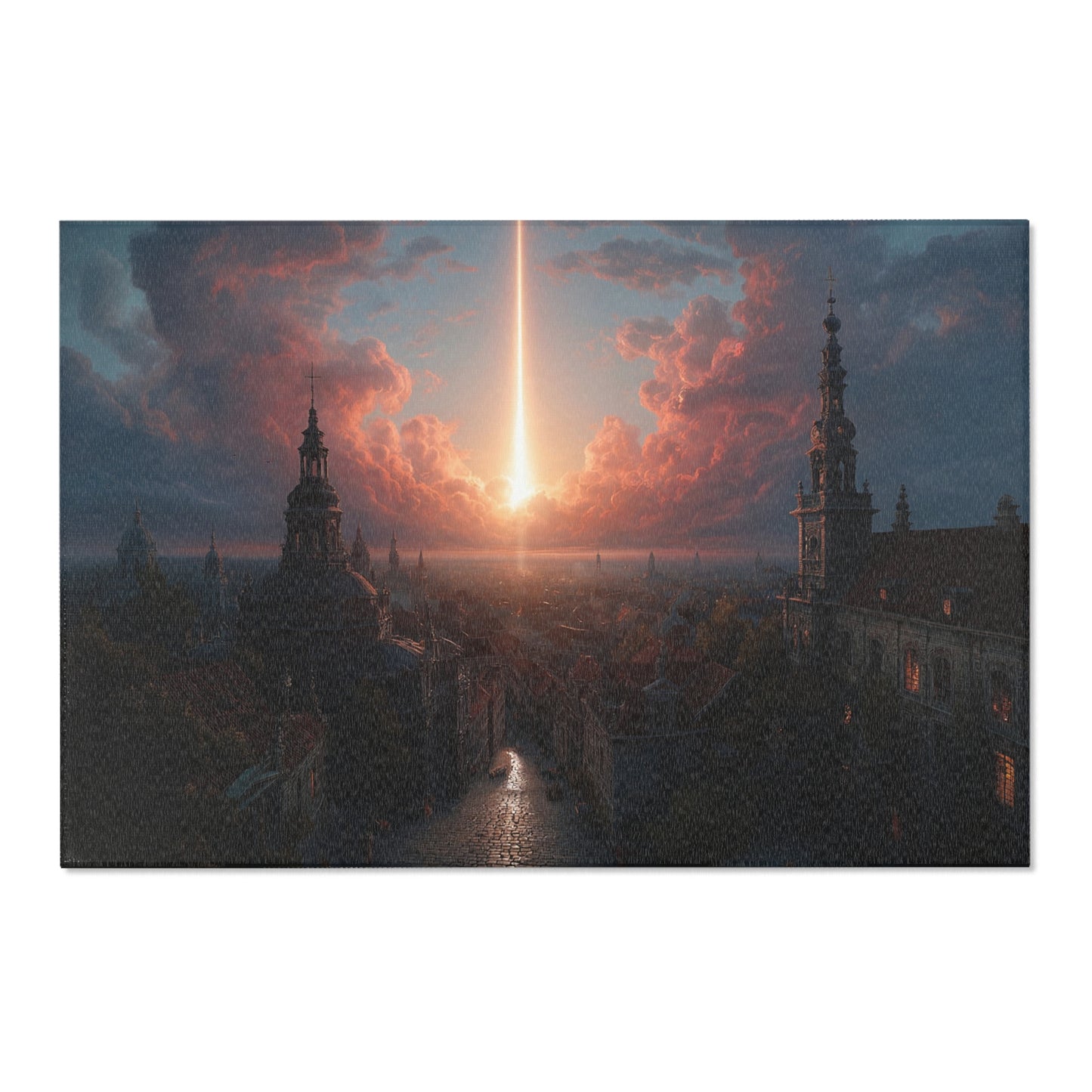 Celestial Beam Cityscape Rug – Dawn’s Sacred Light Over Stone Streets
