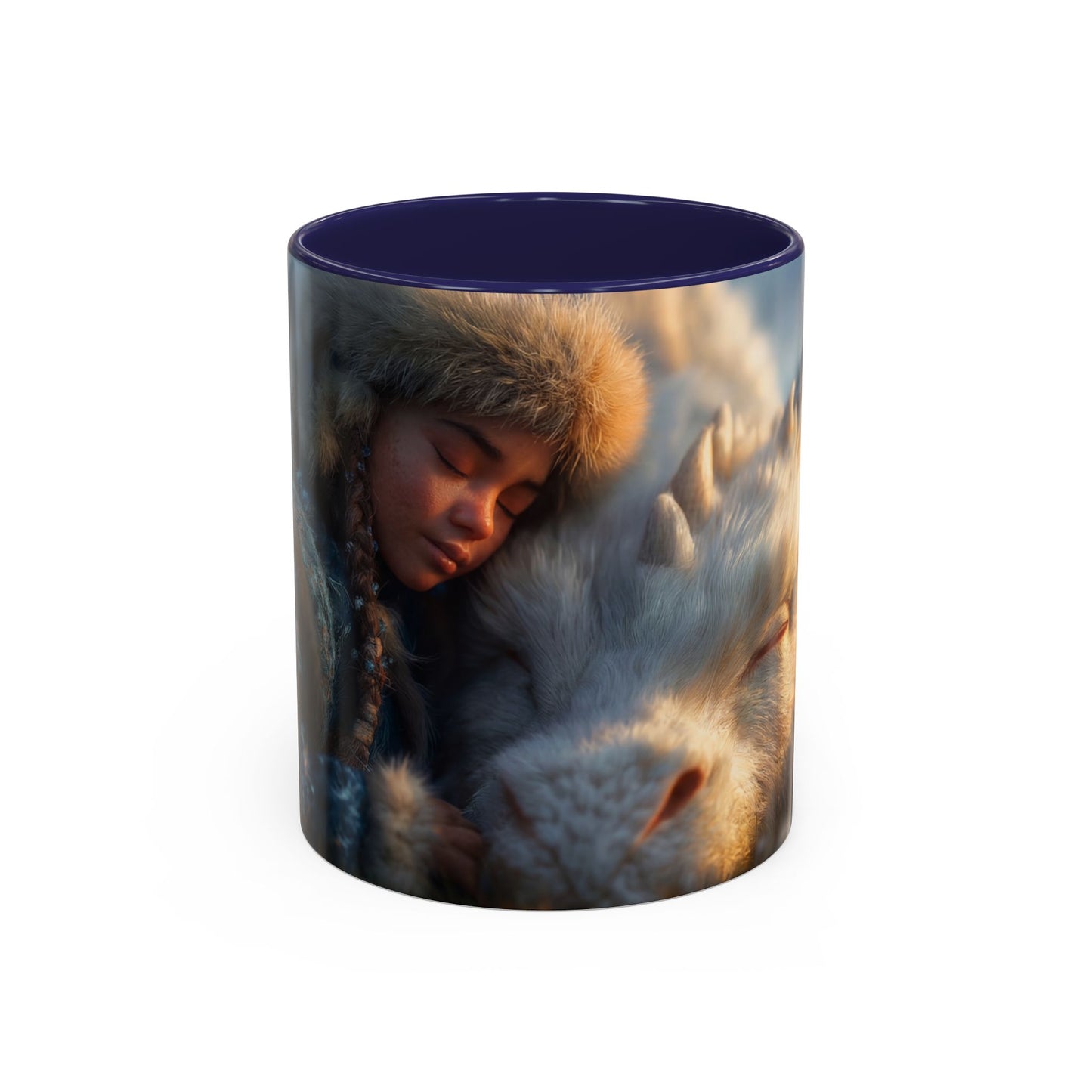 Winter Guardian Accent Coffee Mug (11, 15oz) – Fur-Hooded Child Sleeping Beside White Dragon Sentinel