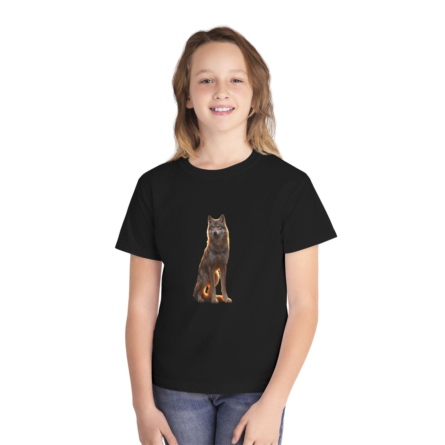 Golden Hour Wolf Youth Midweight Tee – Sunlit Sentinel Graphic