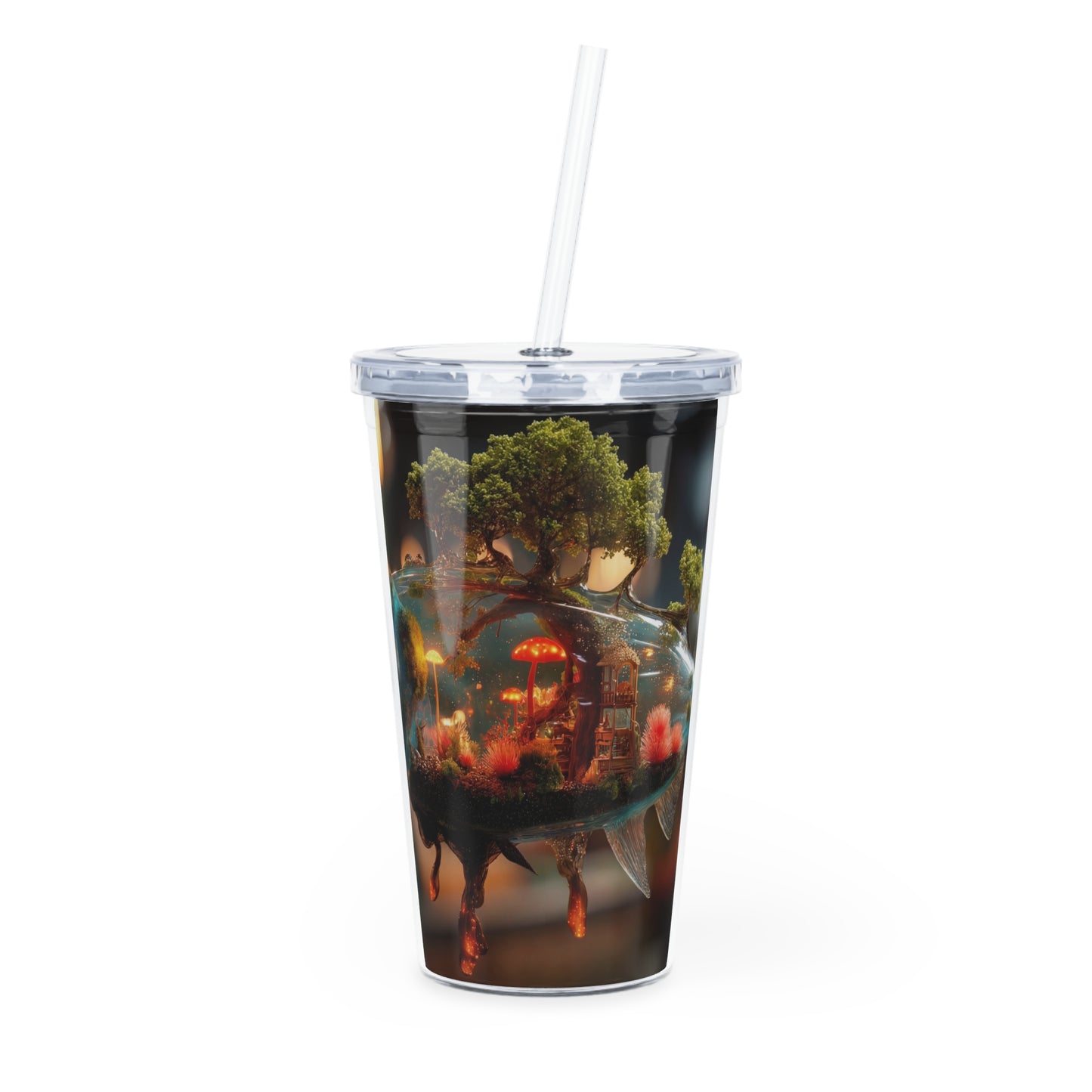 Forest Within Fish Plastic Tumbler with Straw – Bioluminescent Oasis in Motion