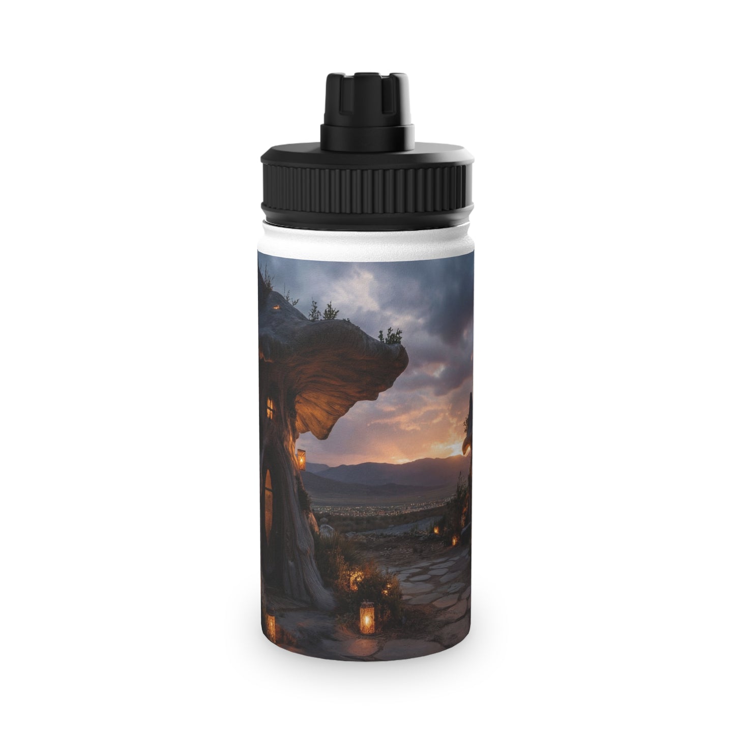 Mushroom Grove Retreat Stainless Steel Water Bottle, Sports Lid – Twilight Fairy Home Dreamscape