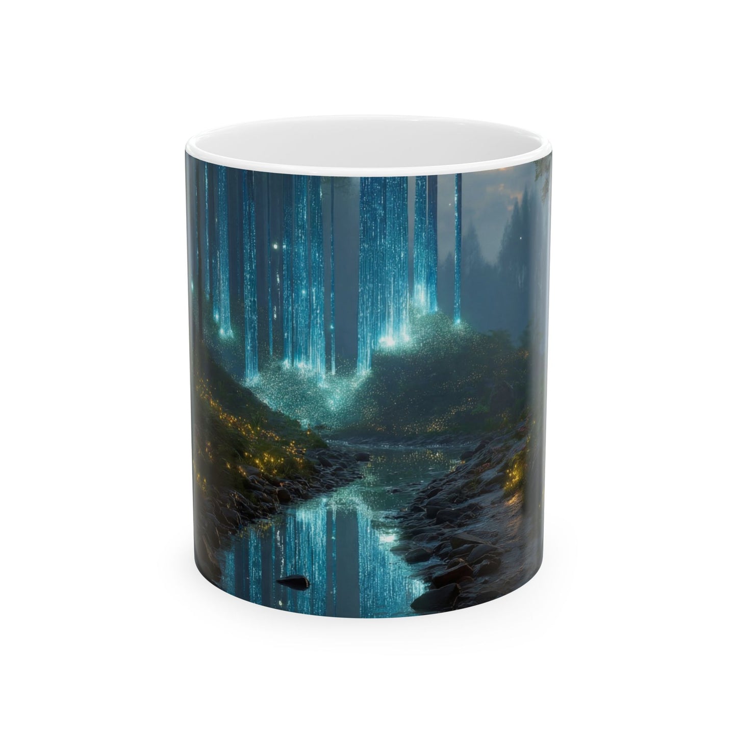 Celestial Forest Stream Ceramic Mug – Azure Lightfall Dreamscape