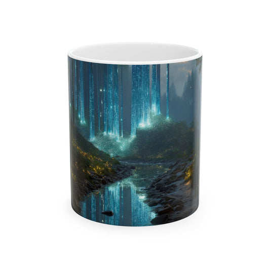 Celestial Forest Stream Ceramic Mug – Azure Lightfall Dreamscape