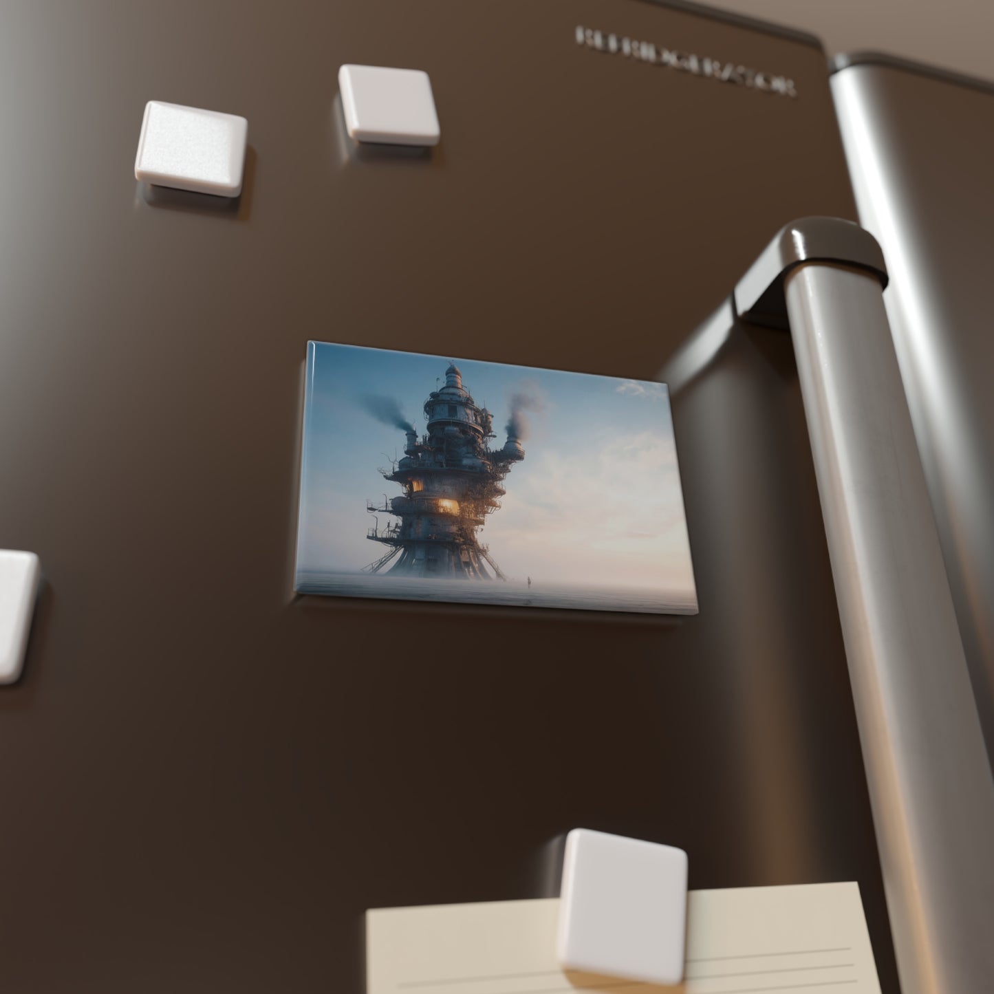 Steamborne Tower Button Magnet, Rectangle (1 & 10 pcs) – Dawn’s Warm Glow Through Iron Skies