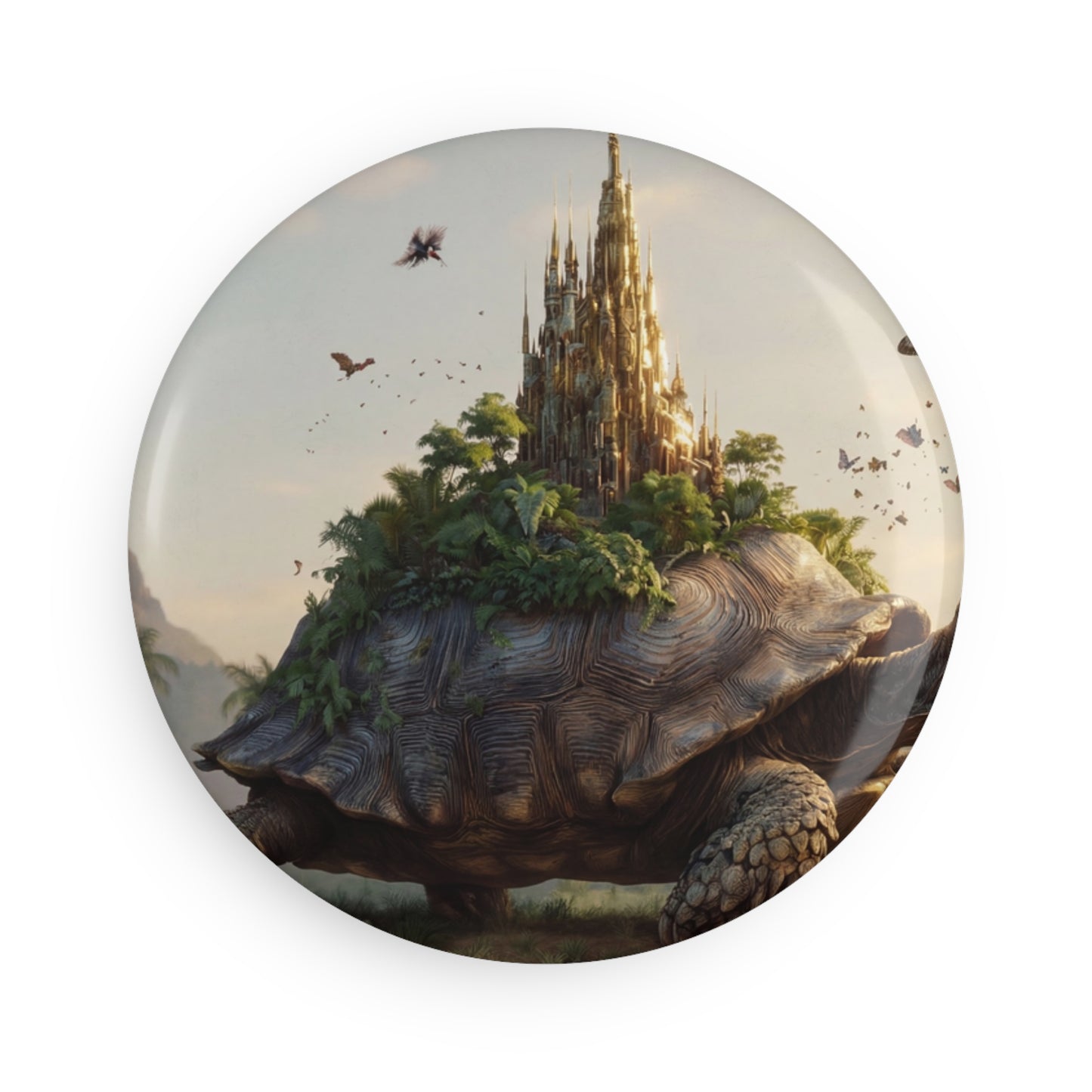 Castle on Turtle Back Button Magnet, Round (1 & 10 pcs) – Golden Spire Dreamscape