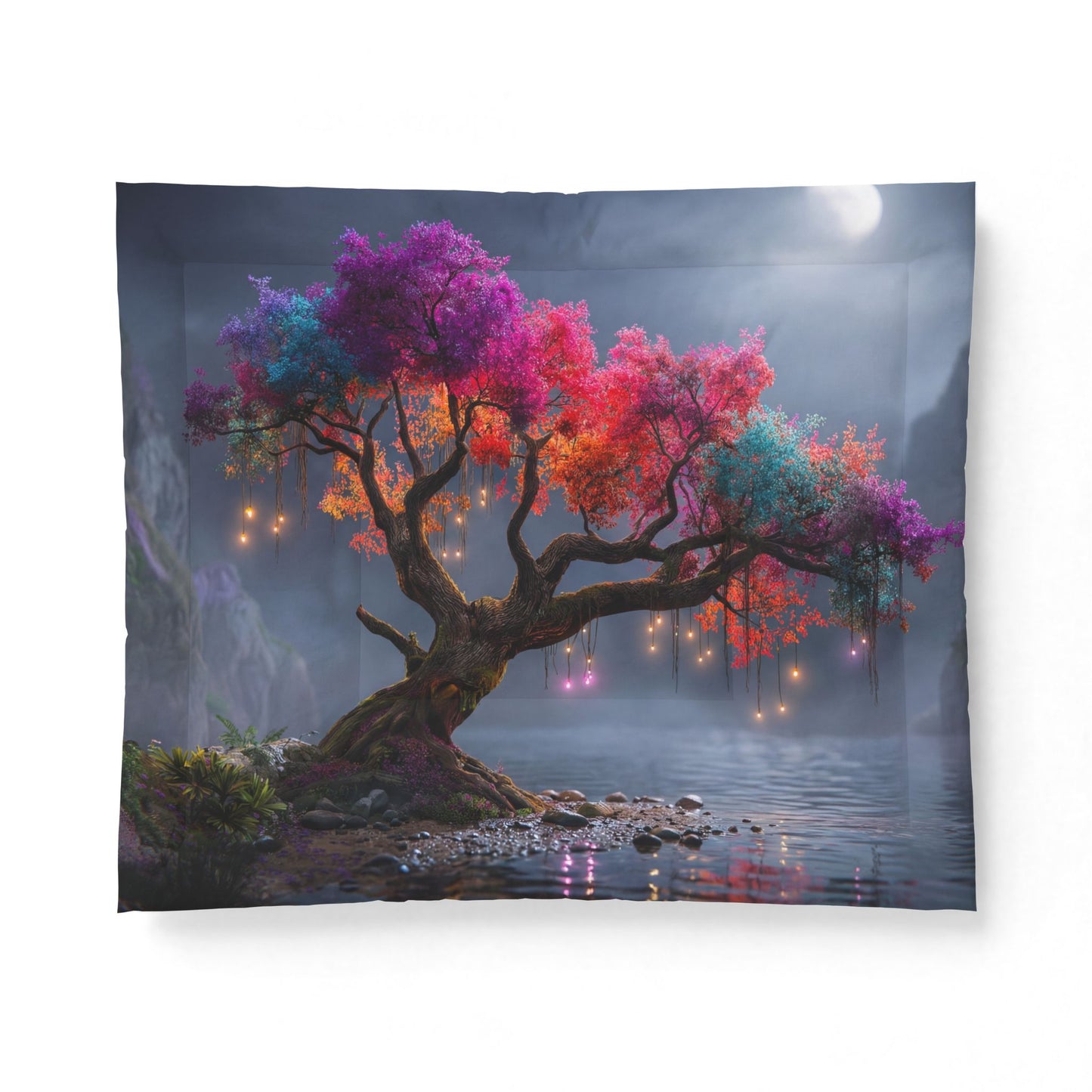 Prismatic Moonlit Tree Cotton Comforter – Rainbow Canopy Nightlight