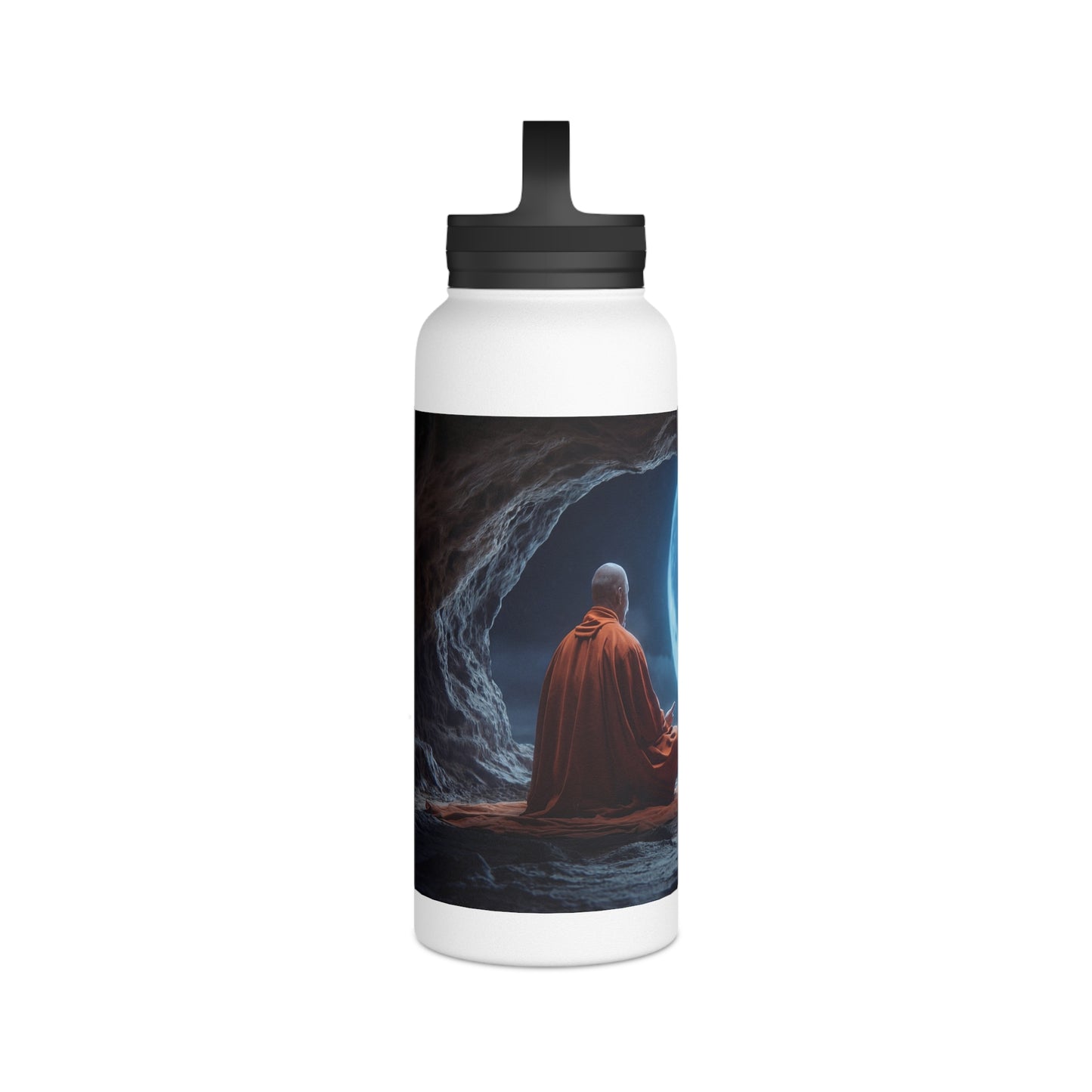Moonlit Meditation Monk Stainless Steel Water Bottle, Handle Lid – Silent Stillness Under Celestial Glow