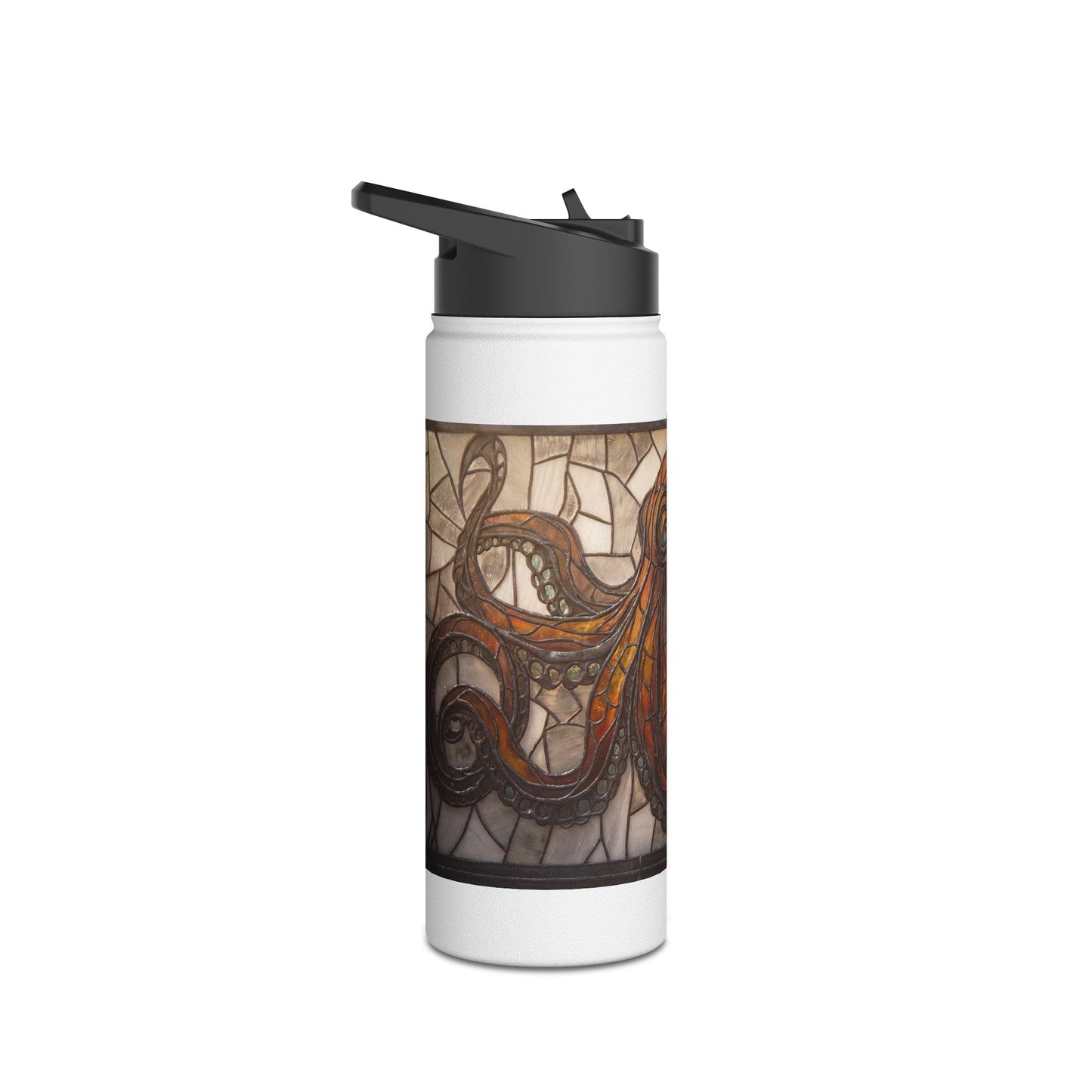 Stained Glass Octopus Water Bottle – Amber Depths and Iron Lace