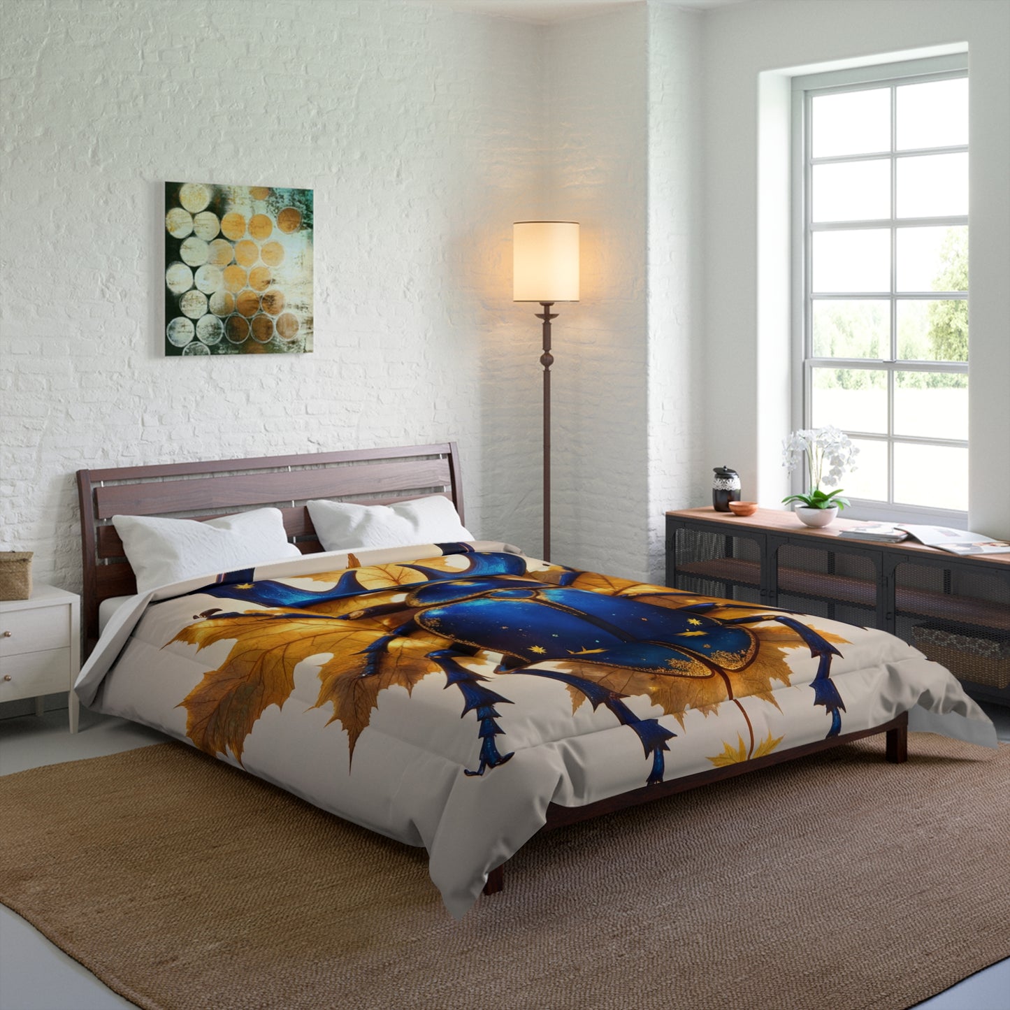 Celestial Beetle Comforter – Starry Blue Guardian Among Autumn Leaves