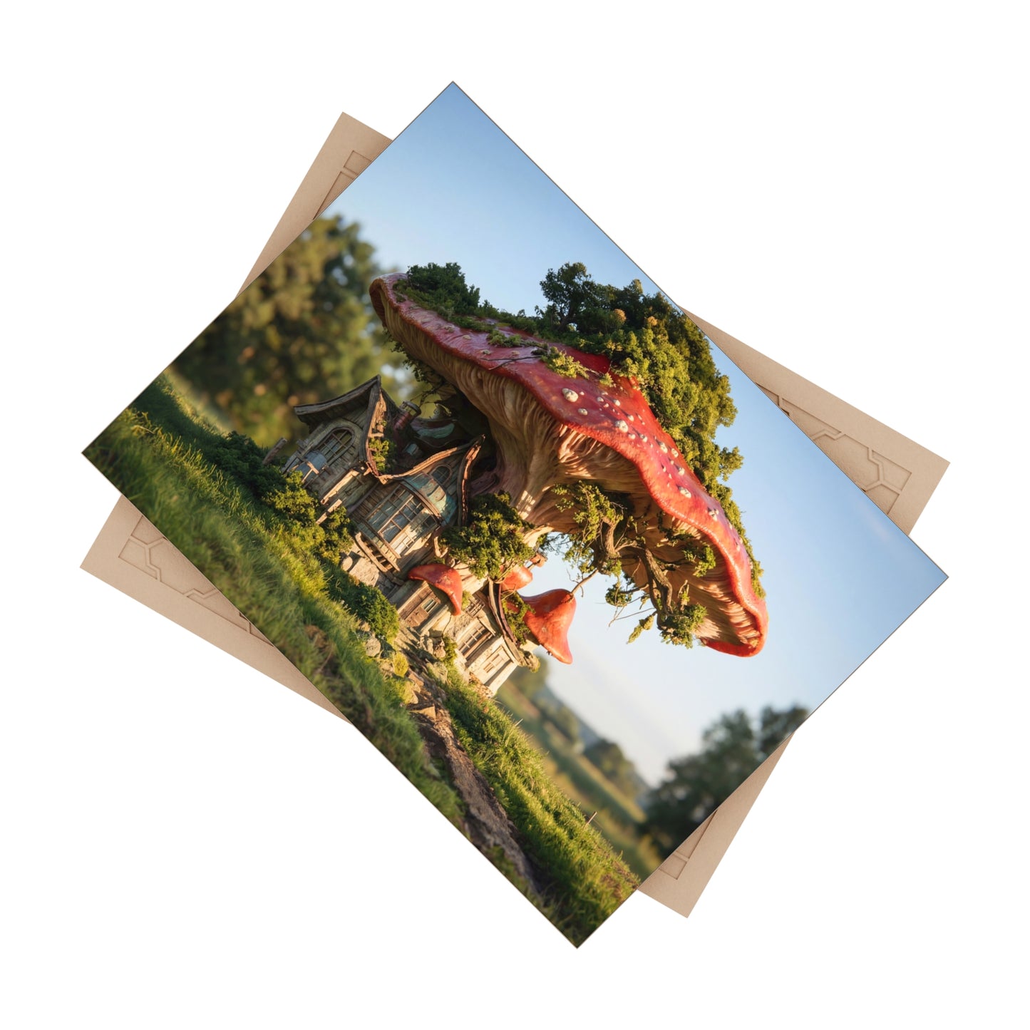Mushroom Cottage Ceramic Photo Tile – Red Cap Sanctuary in Sunlit Meadow