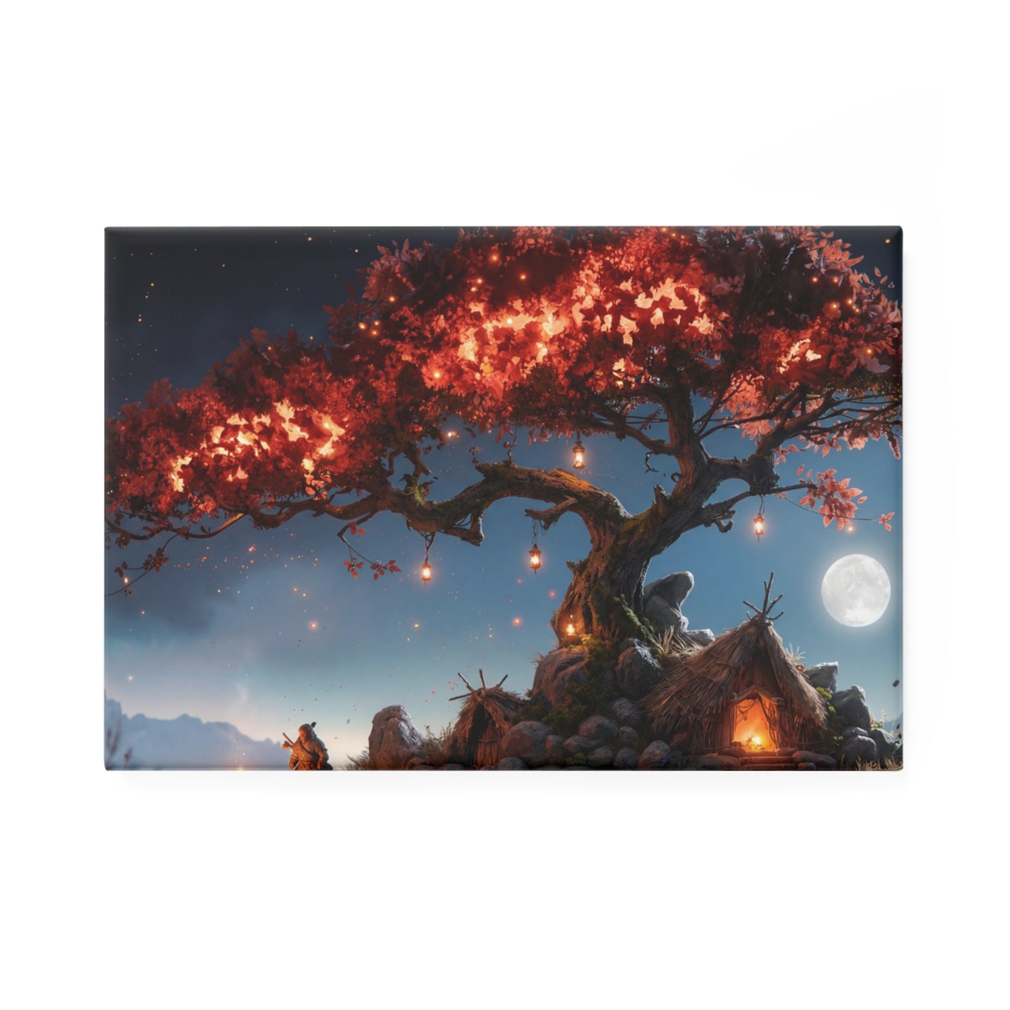 Whispering Ember Tree Button Magnet, Rectangle (1 & 10 pcs) – Campfire Glow Under a Starlit Canopy