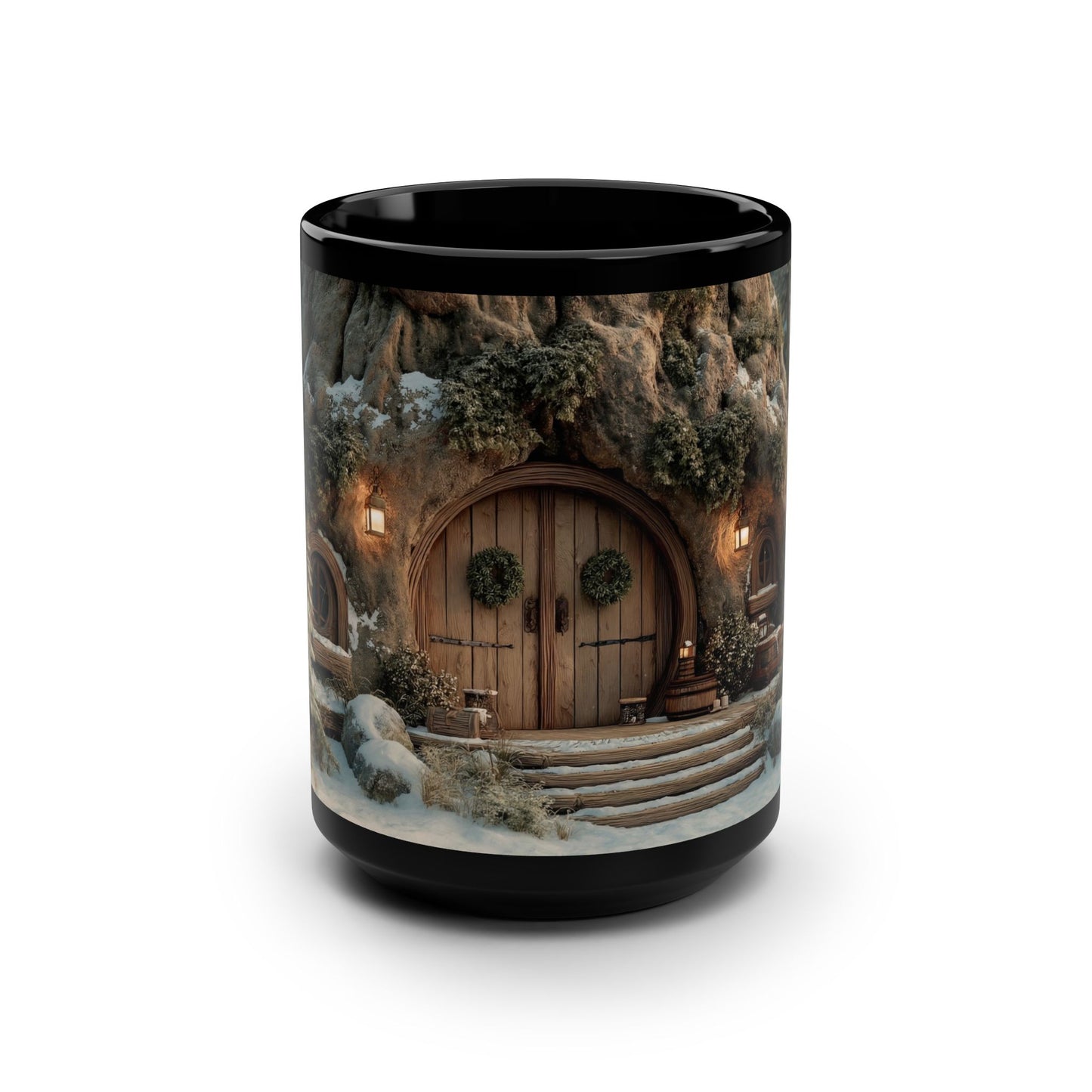 Hobbit Doorway Black Mug, 15oz – Snowy Hearthstone Welcome