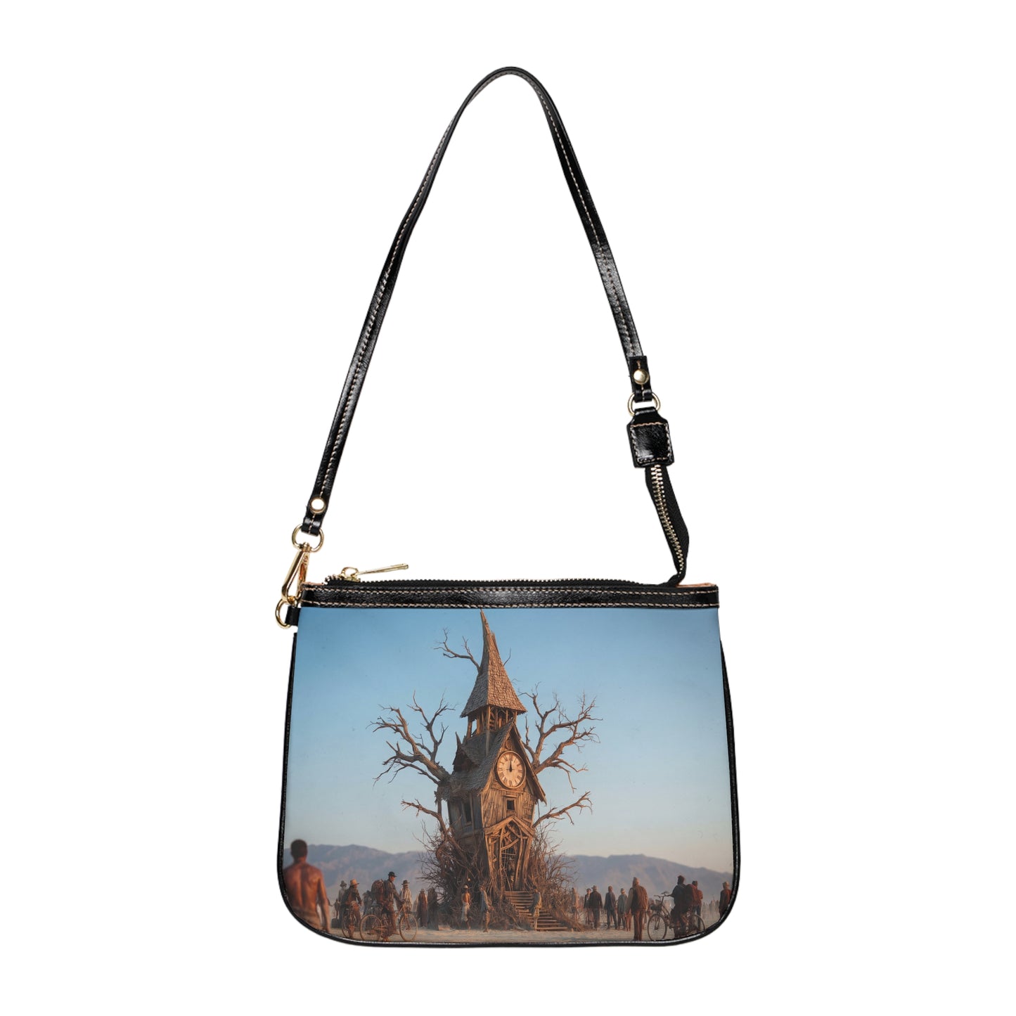 Clock Tower in the Desert Tree Small Shoulder Bag – Whimsical Timekeeper in a Withered Grove