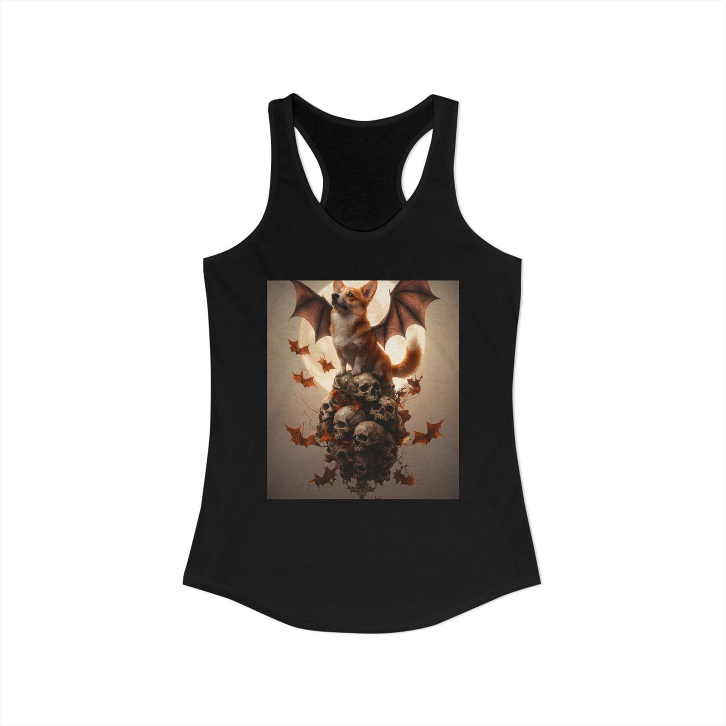 Batwing Corgi Skull Sentinel Tank – Pumpkin Moon Guardian Print