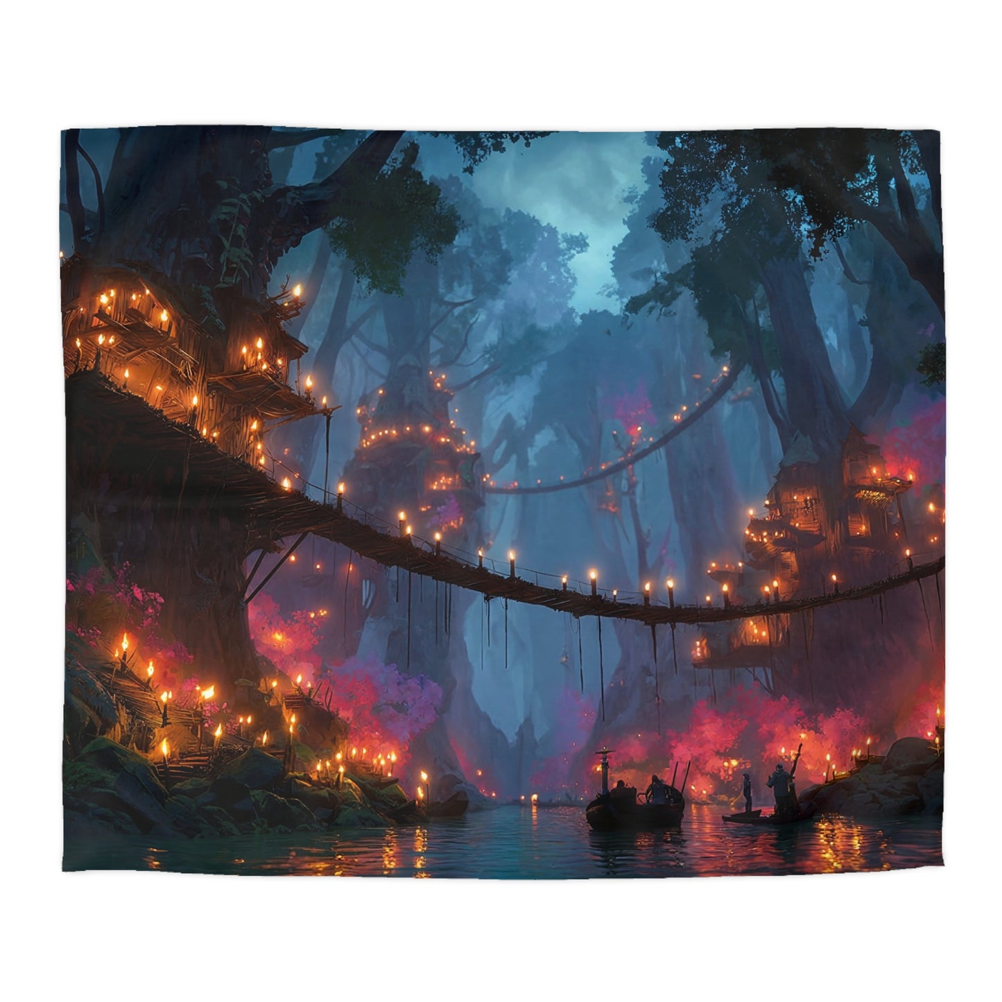 Whispering Canopy Duvet Cover – Glowlit Treehouse River Journey