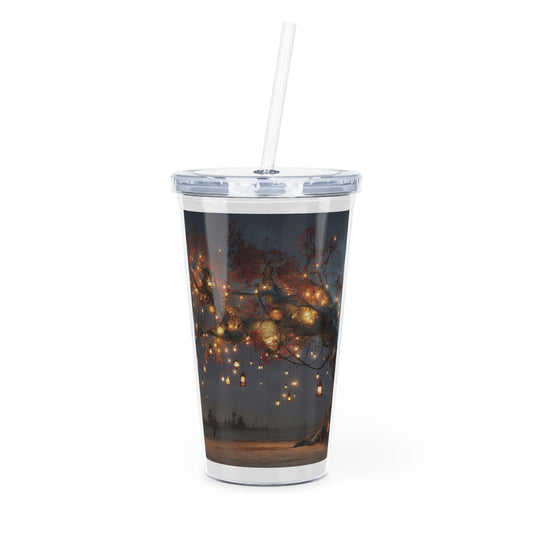 Lantern Tree Plastic Tumbler with Straw – Glow of a Forgotten Grove