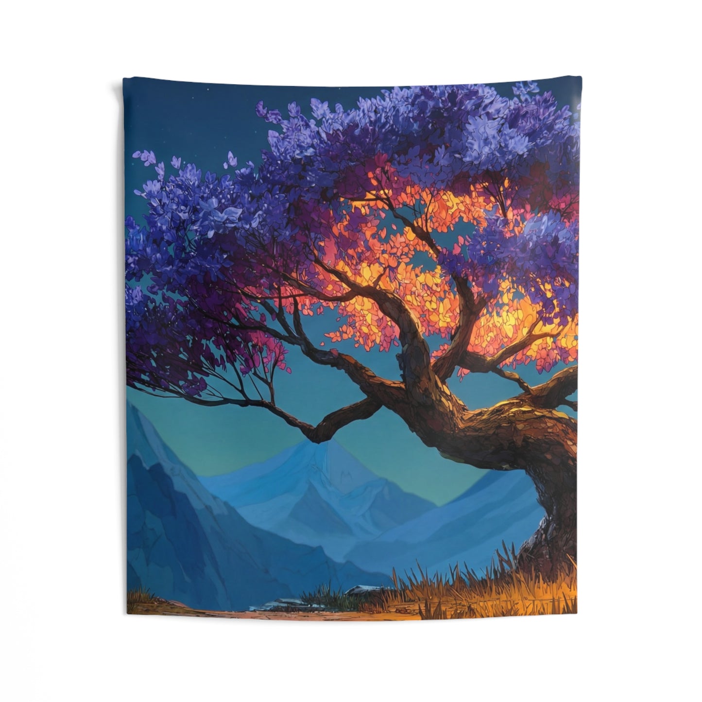 Celestial Tree Wall Tapestry – Twilight Bloom in Mountain Vale