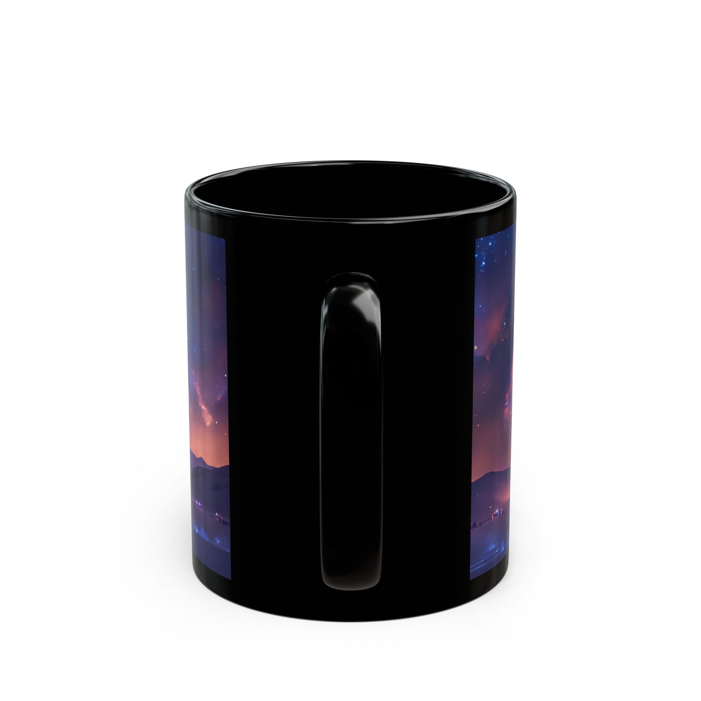 Cosmic Spire Black Mug – Night Sky Citadel Dreamscape