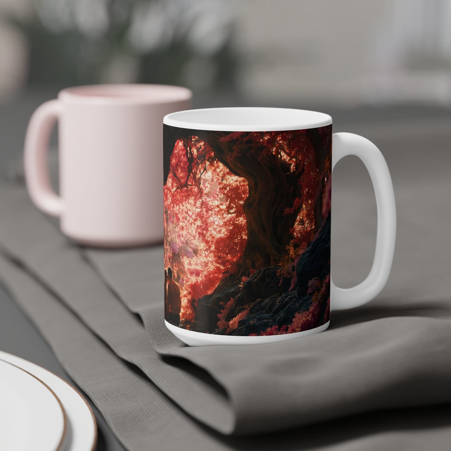 Crimson Canopy Ceramic Mugs (11oz\15oz\20oz) – Whispering Love in a Heartwood Grove