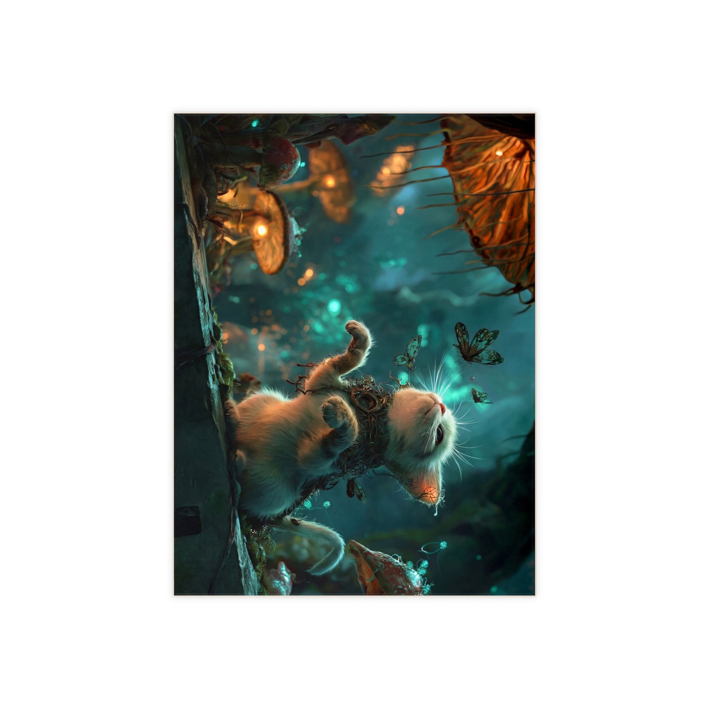 Enchanted Forest Kitten Ceramic Photo Tile – Whispering Butterflies and Glowing Fungi