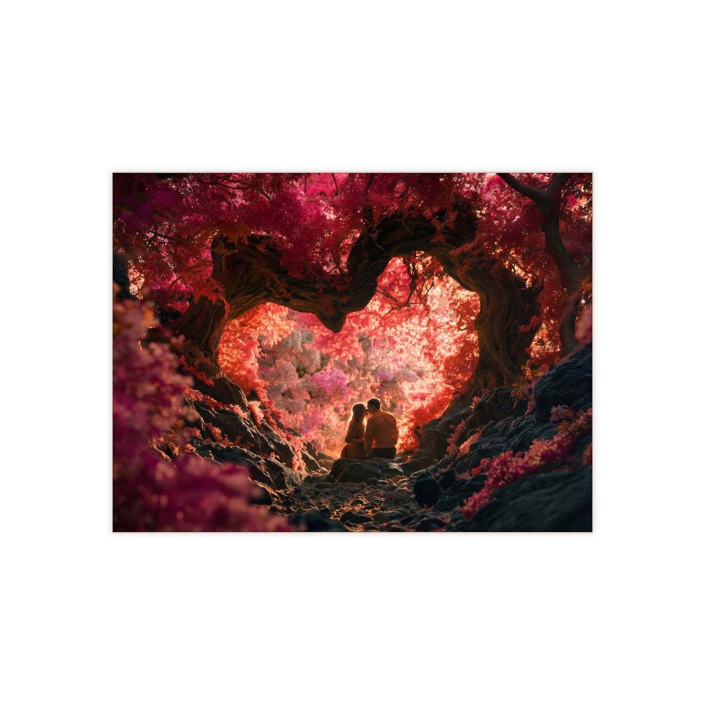 Crimson Canopy Love Scene Ceramic Photo Tile – Whispering Trees at Dusk