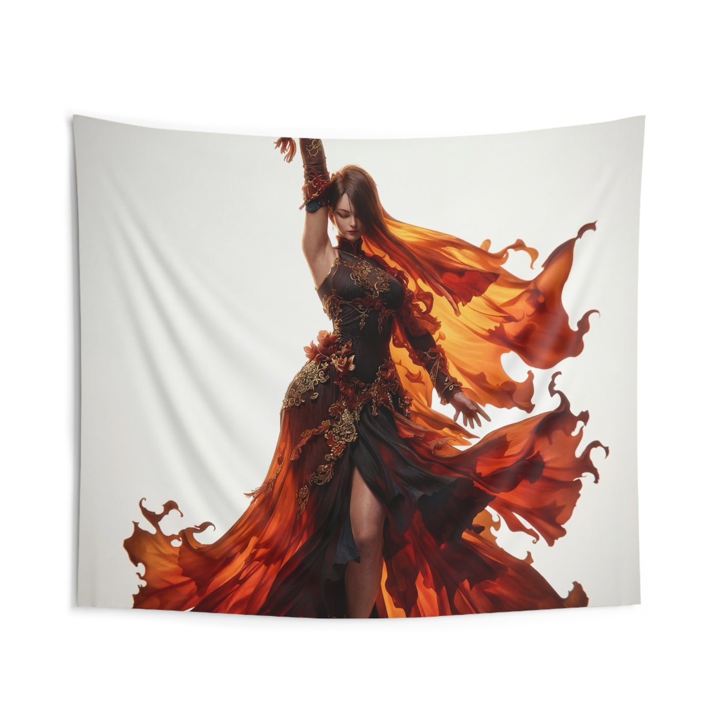 Flame-Dancer Goddess Indoor Wall Tapestries – Crimson Whirlwind Grace