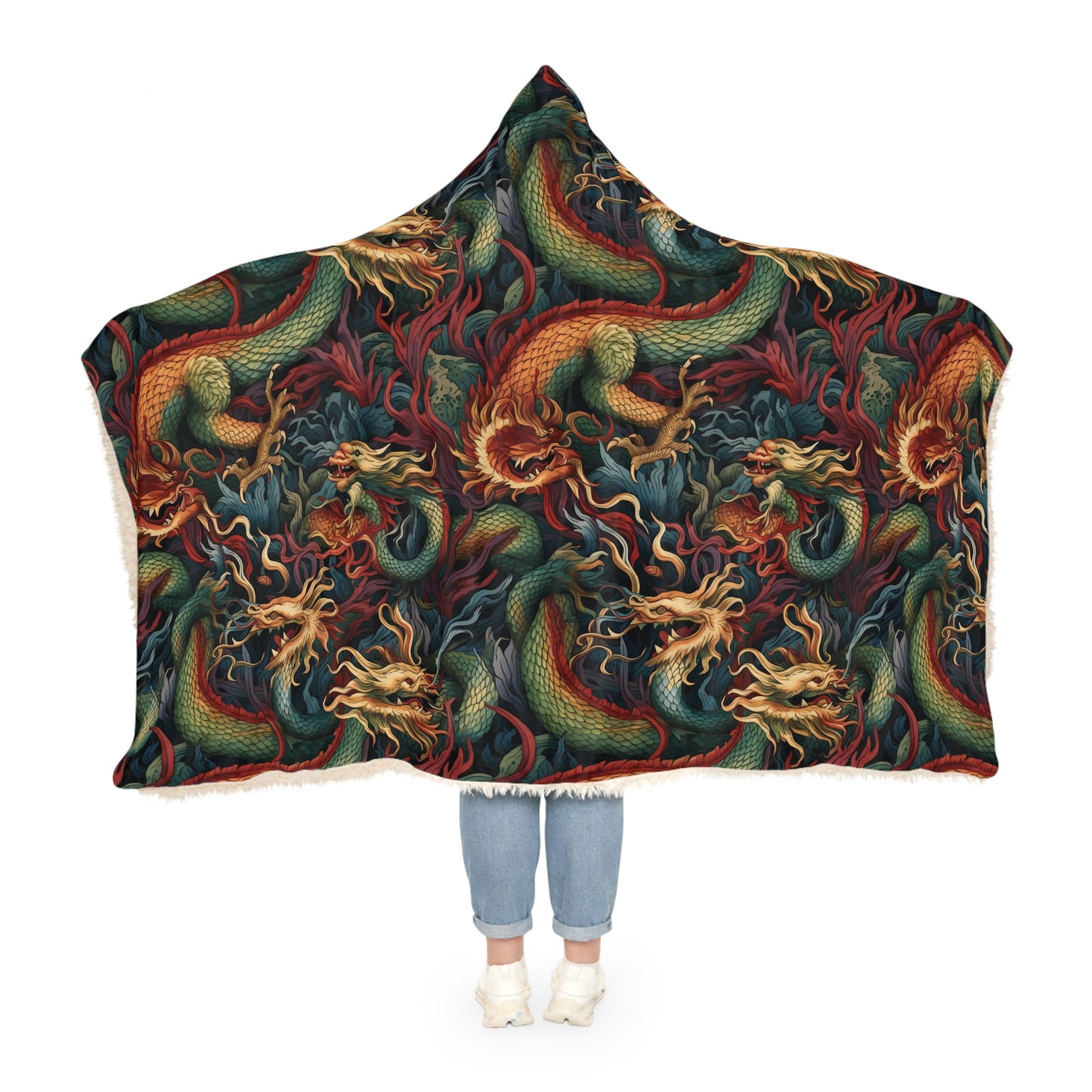 "A detailed pattern of mythical fire creatures, such as dragons, salamanders, and firebirds, depicted in a rich tapestry of garnet, topaz, and deep jade colors." - Snuggle Blanket