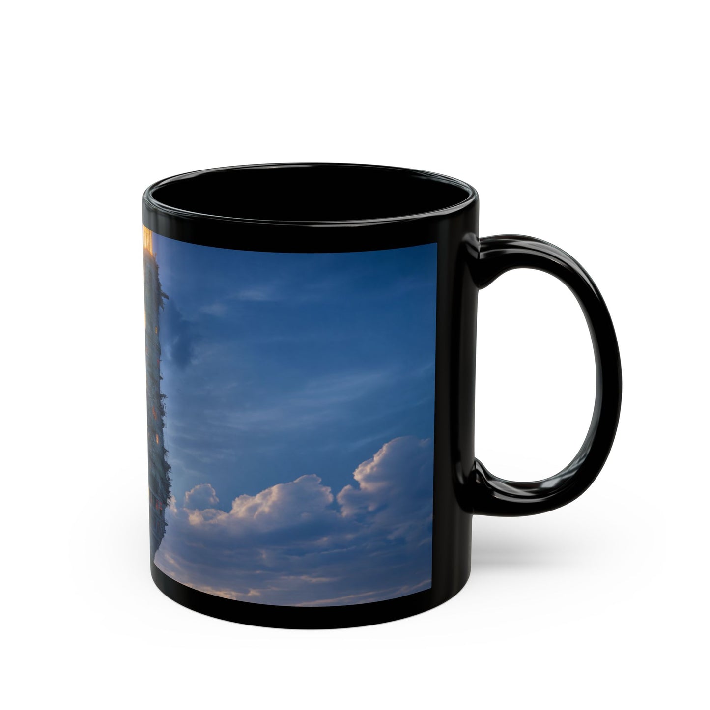 Skyborne Lighthouse Black Mug – Twilight Beacon Over Endless Sea