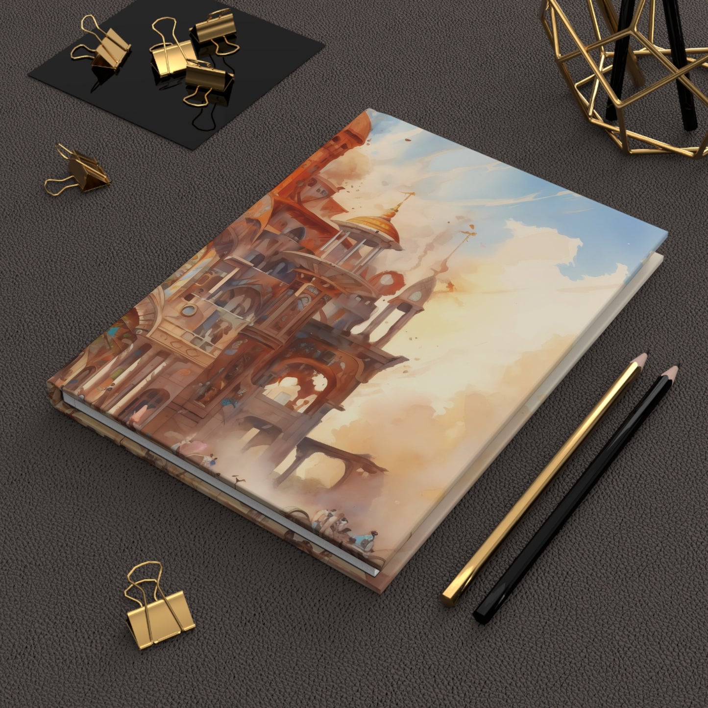 A ancient temple materializing in the heart of the Burning Man festival, its intricate architecture inspiring awe and wonder.  - Hardcover Journal Matte