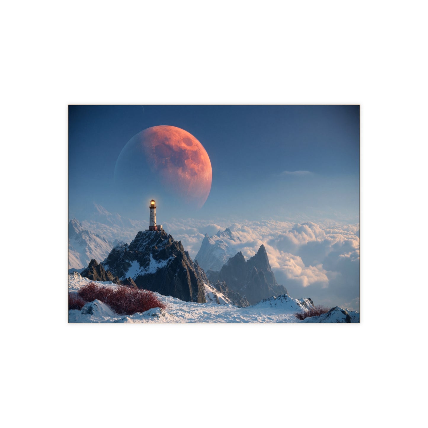 Lighthouse on Snowy Peak Ceramic Photo Tile – Crimson Moon Over Cloud Sea