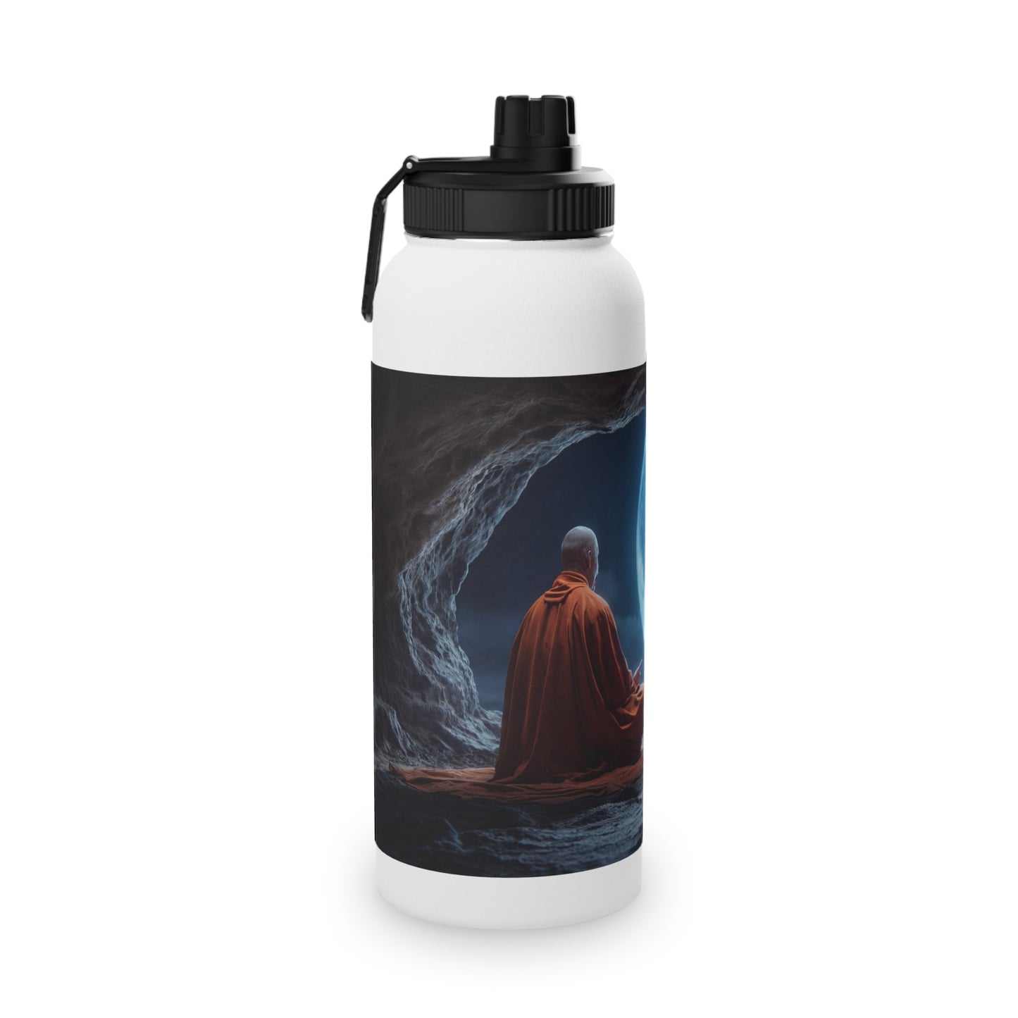 Moonlit Monk Stainless Steel Water Bottle, Sports Lid – Serene Cave Meditation Scene