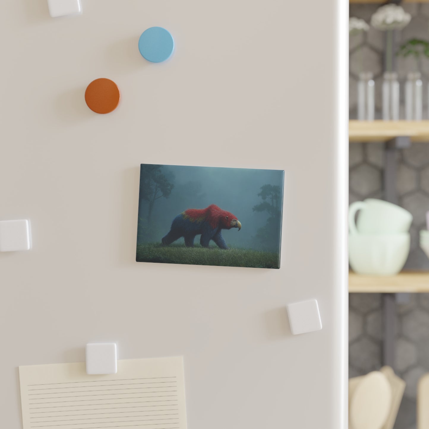 Parrot-Bear in Misty Jungle Button Magnet, Rectangle (1 & 10 pcs) – Velvet-Plumed Guardian of the Fog