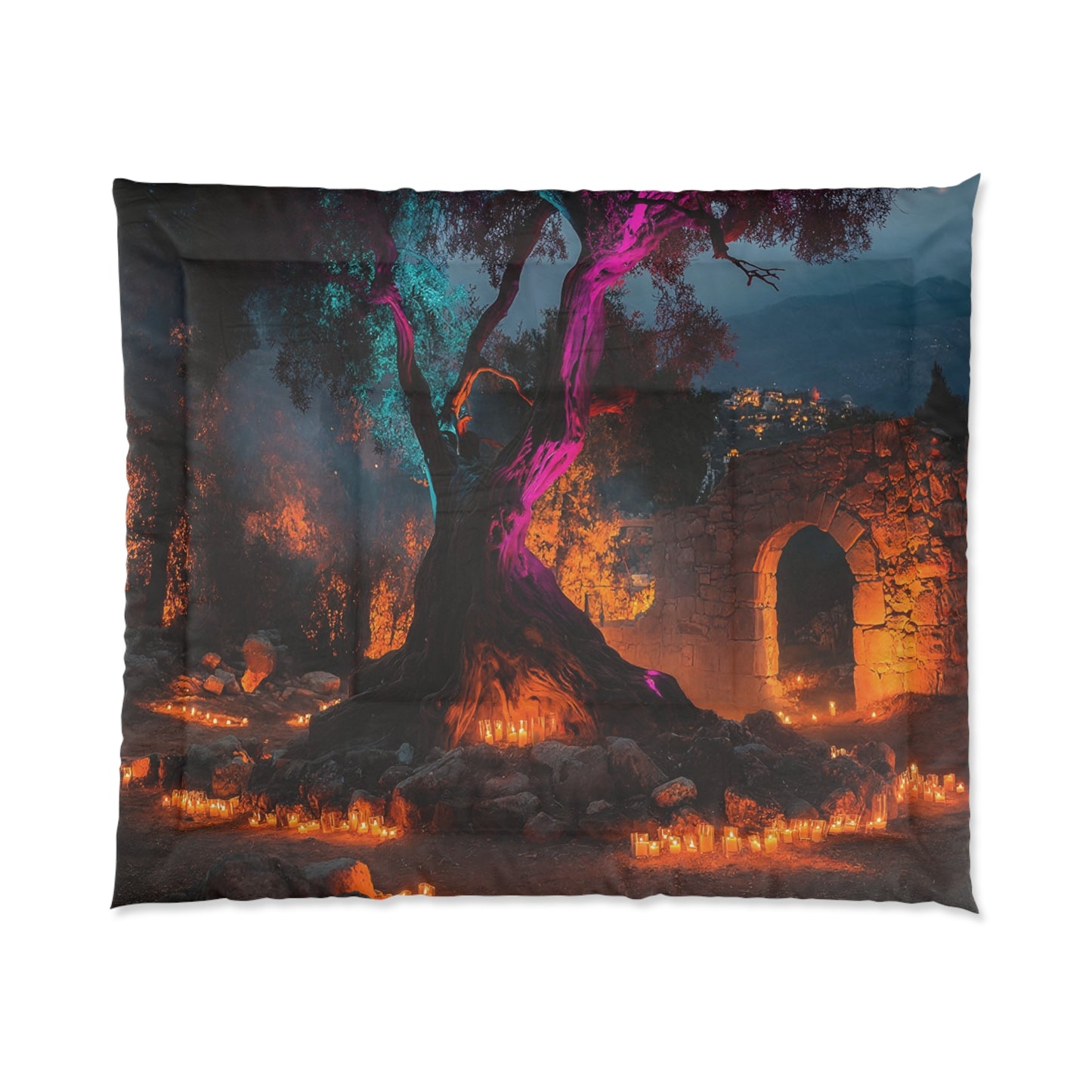 Ancient Tree Sanctuary Comforter – Neon Veil at Dusk