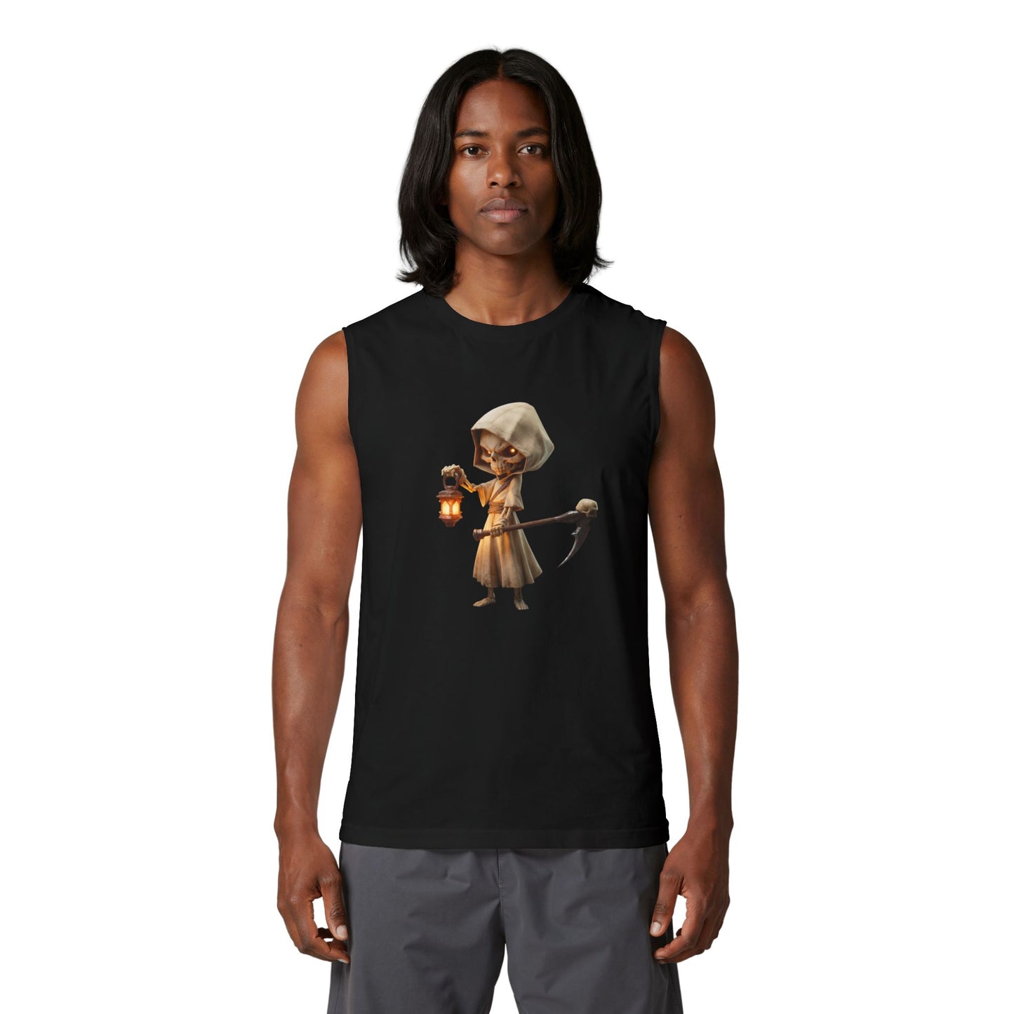 Lantern-Bearing Guardian Muscle Tank – Hooded Skeleton Sentinel Graphic