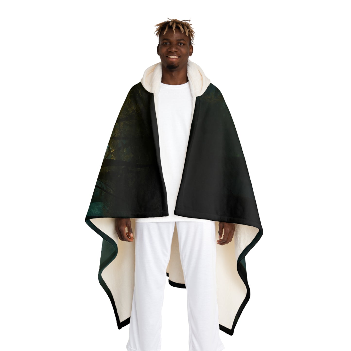 Spiral Light Sentinel Hooded Sherpa Fleece Blanket – Amber Forest Guardian Tapestry