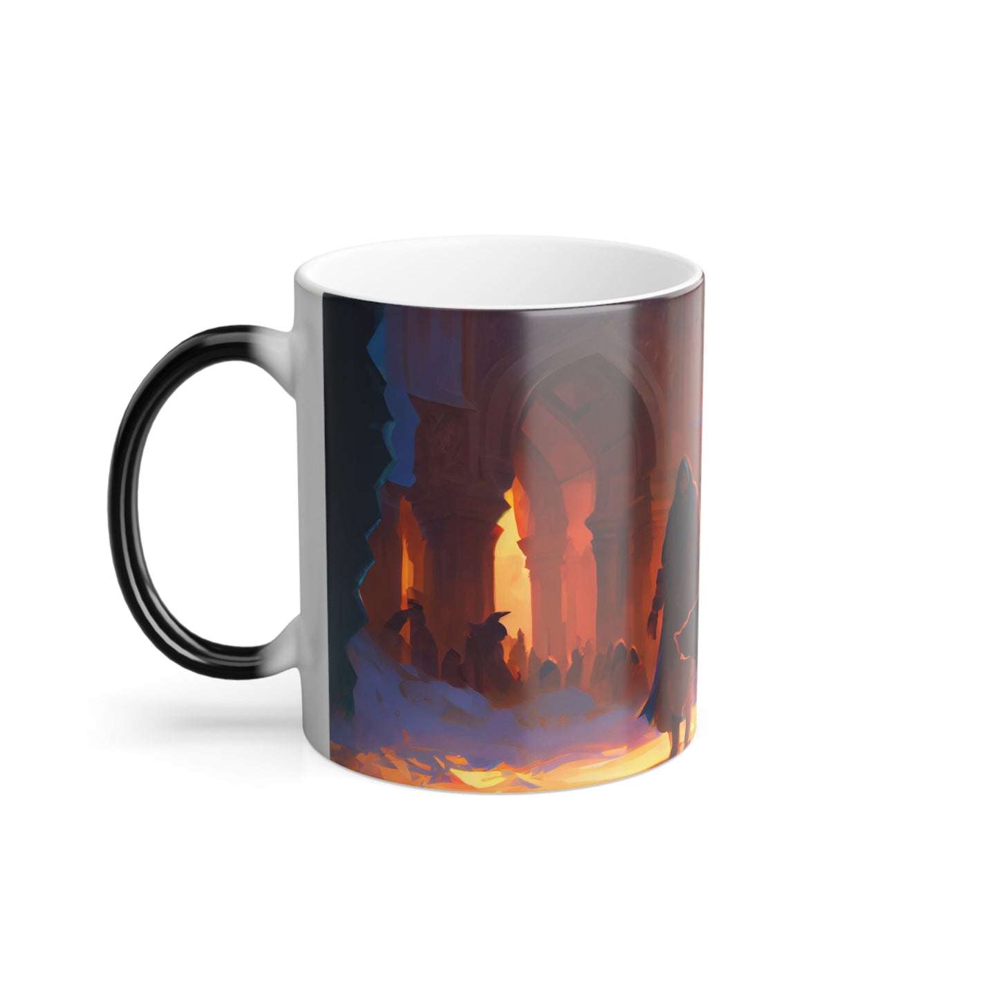 a dnd adventuring party traveling, temple to the gods of despair at golden hour, Uzbekistan wilderness, winter atmosphere, five figures, fantasy heroes - Color Morphing Mug, 11oz