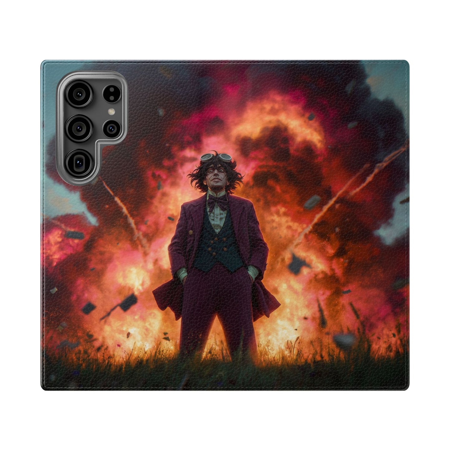 Goggles & Chaos Flip Cases – Purple Suit Amidst Fiery Explosion