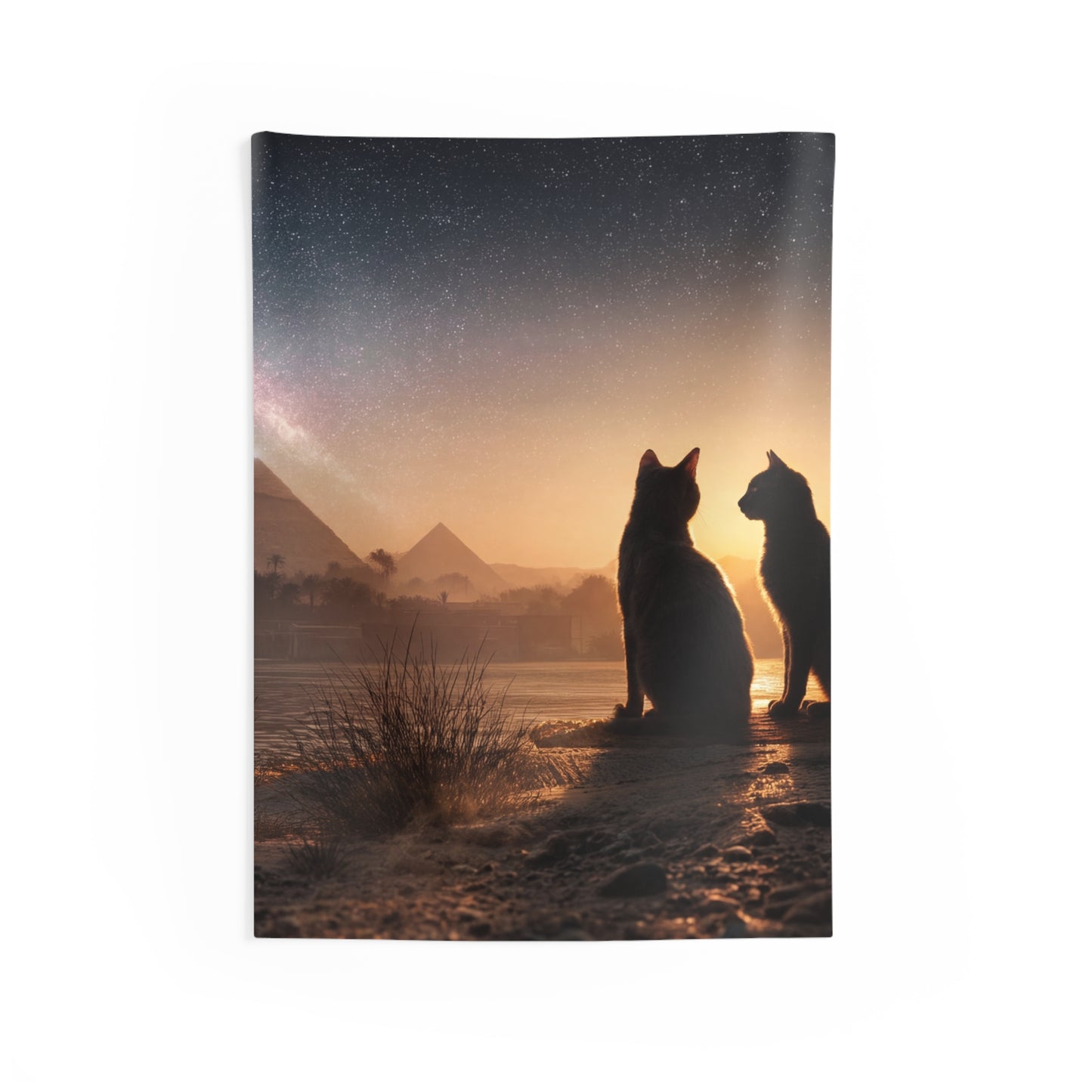 Starlit Pyramids Cat Wall Tapestry – Whispers of Ancient Cosmos