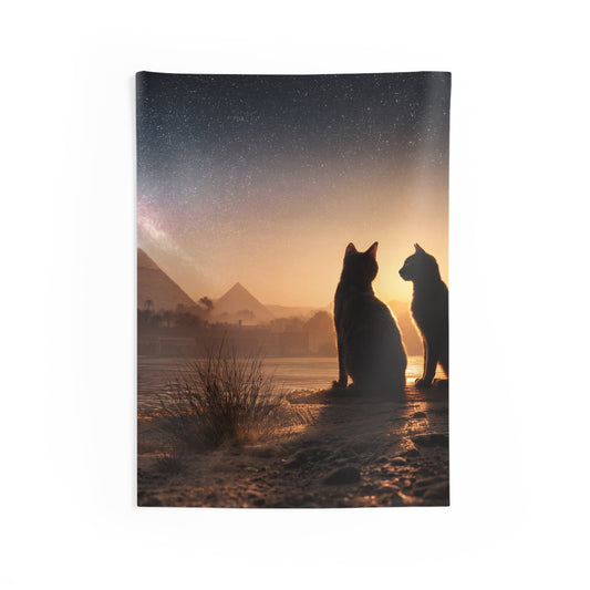 Starlit Pyramids Cat Wall Tapestry – Whispers of Ancient Cosmos