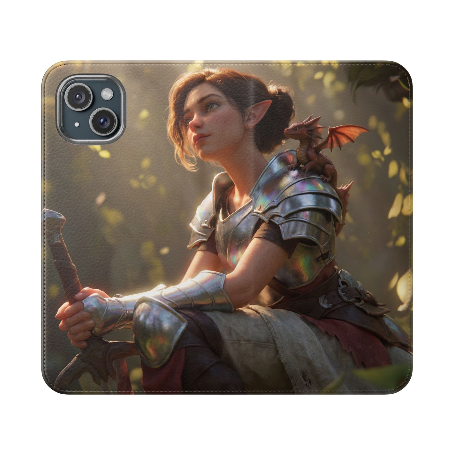 Elven Knight with Dragon Flip Cases – Iridescent Armor & Tiny Guardian Portrait