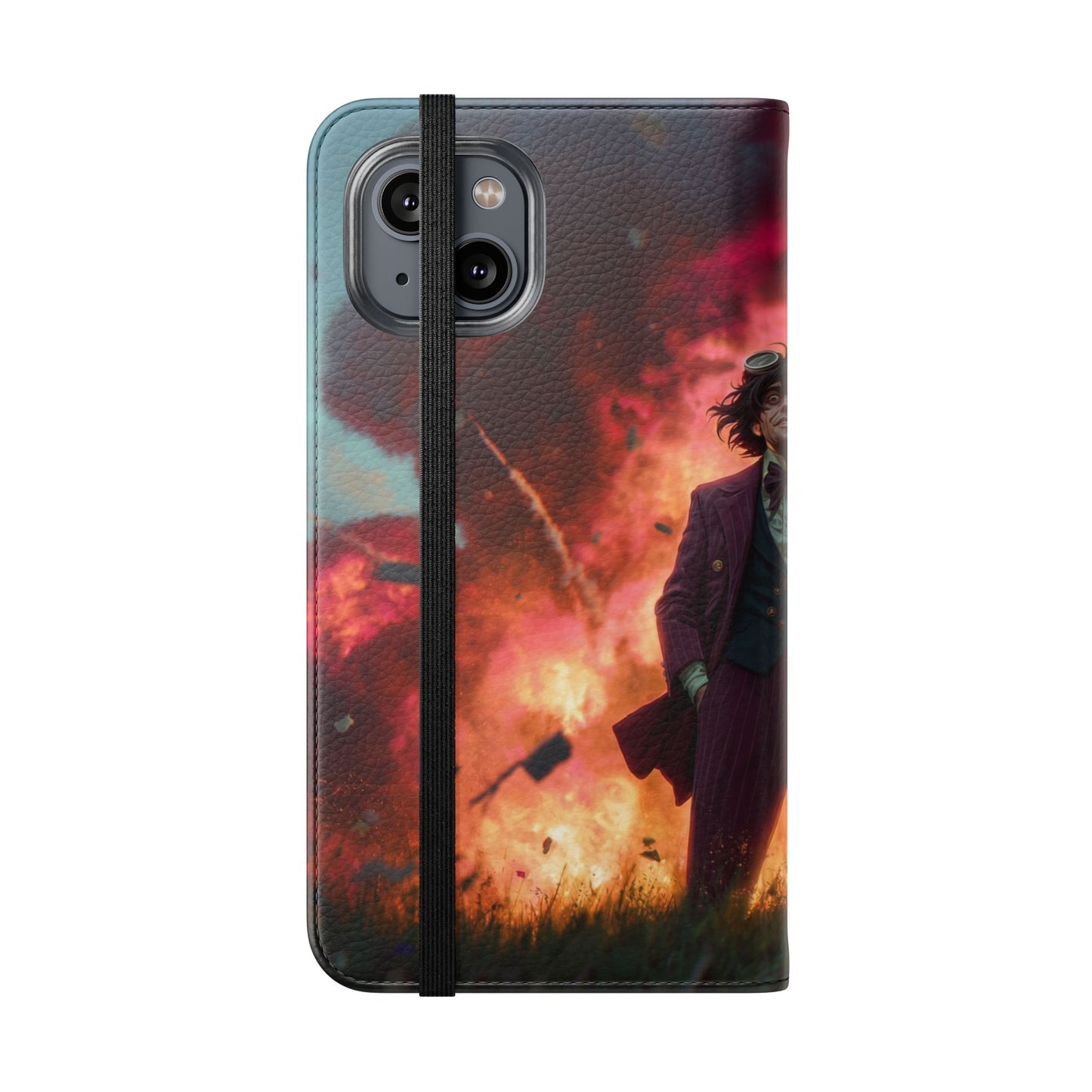 Goggles & Chaos Flip Cases – Purple Suit Amidst Fiery Explosion