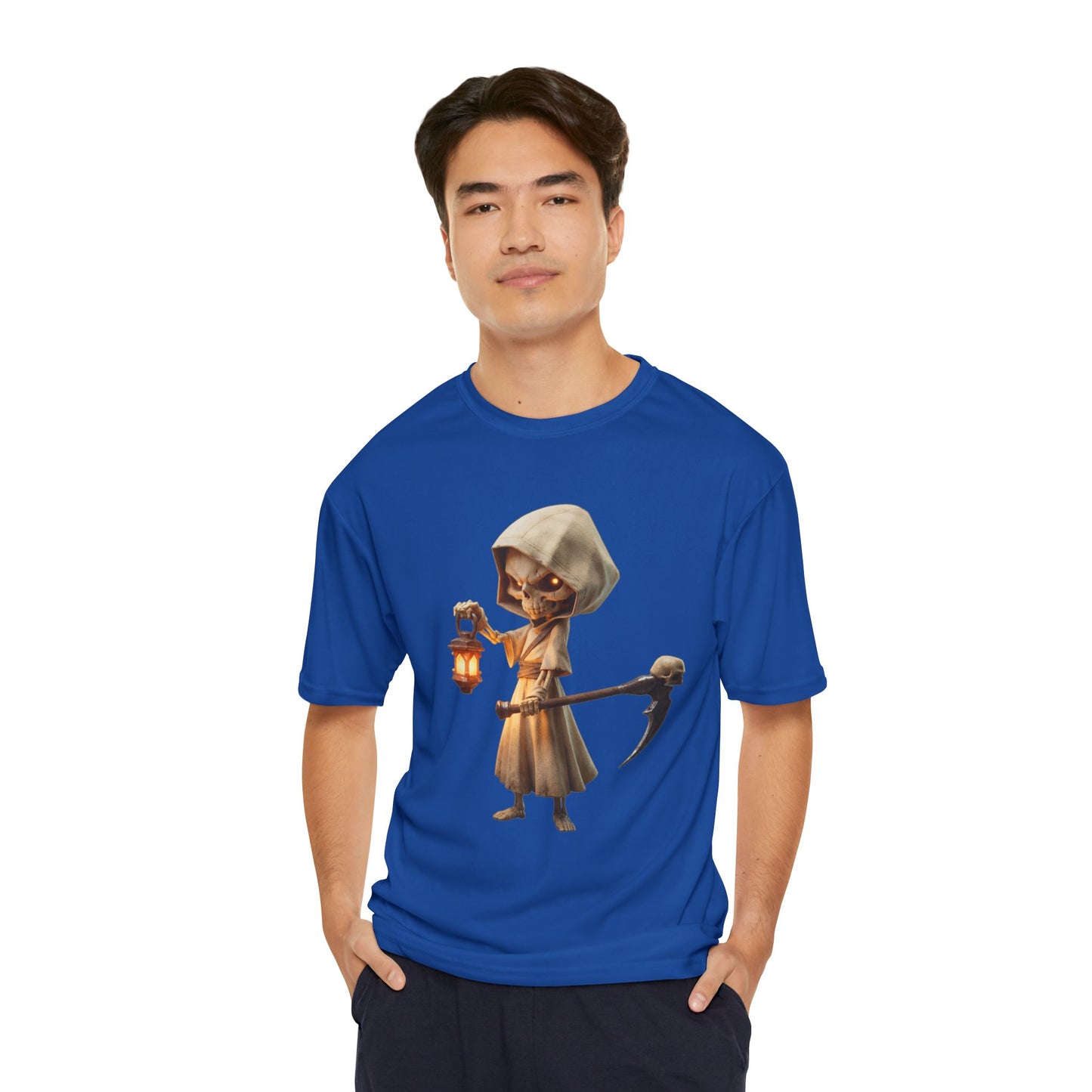 Lantern-Bearing Sentinel Men's Performance T-Shirt – Hooded Grim Reap Guardian