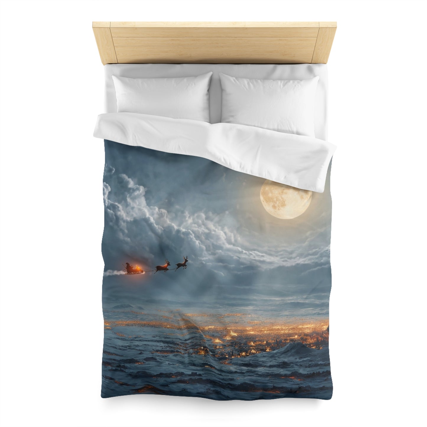 Lunar Sleigh Ride Microfiber Duvet Cover – Midnight Deliveries Over Frost-Covered Towns