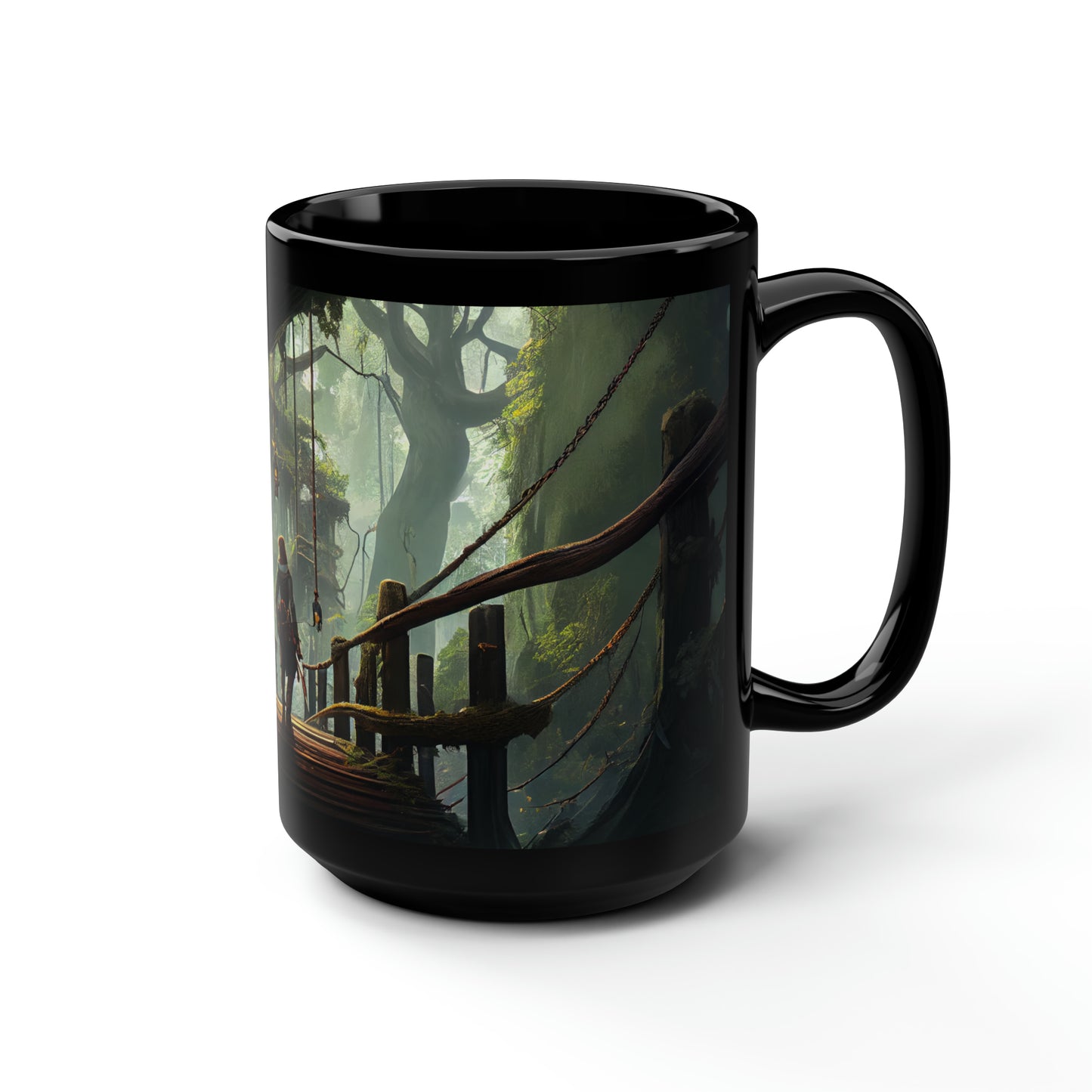 a dnd adventurer standing on a rope bridge between two giant trees among a treetop village in the forest - Mug, Black