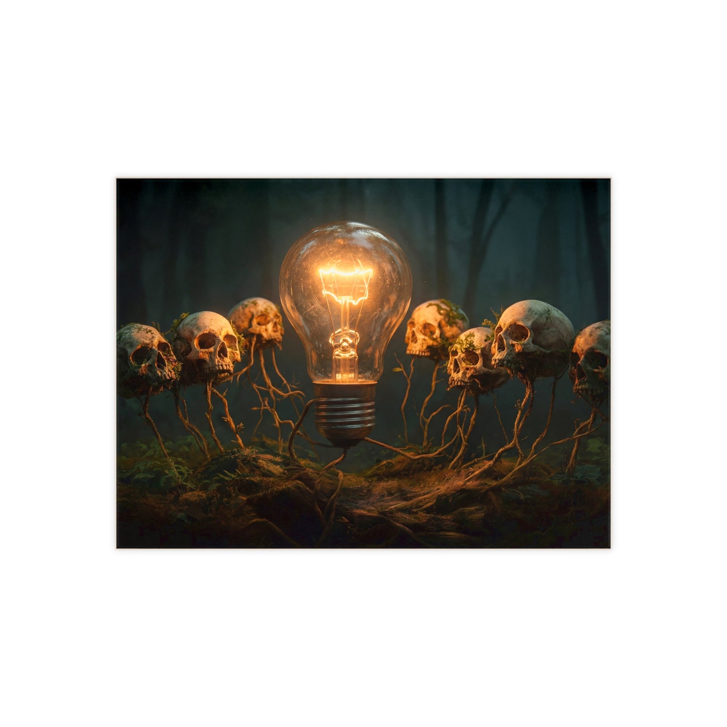 Glowing Bulb in Skull Garden Ceramic Photo Tile – Wisdom’s Warm Glow in the Dark