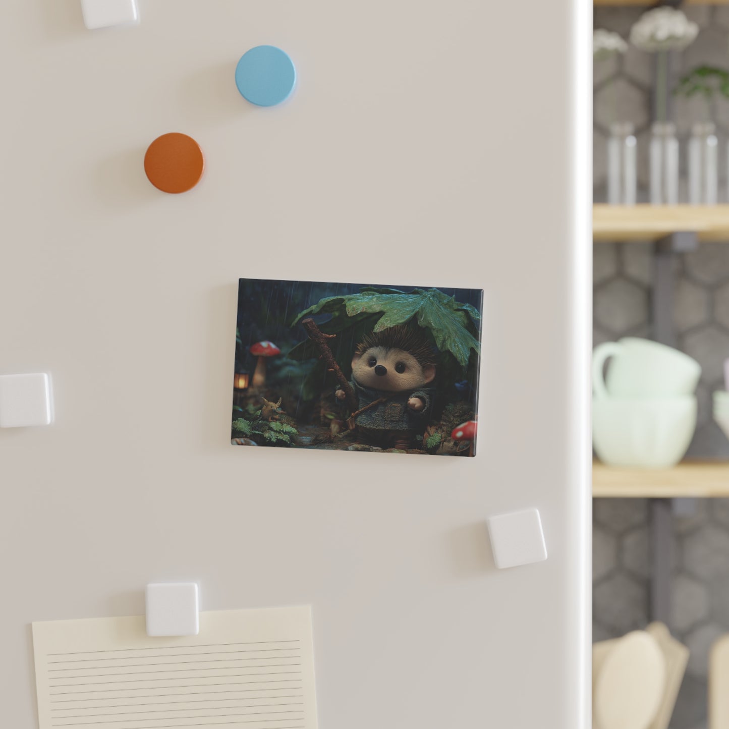 Rain-Slicked Hedgehog Explorer Button Magnet, Rectangle (1 & 10 pcs) – Tiny Guardian in the Wet Woods