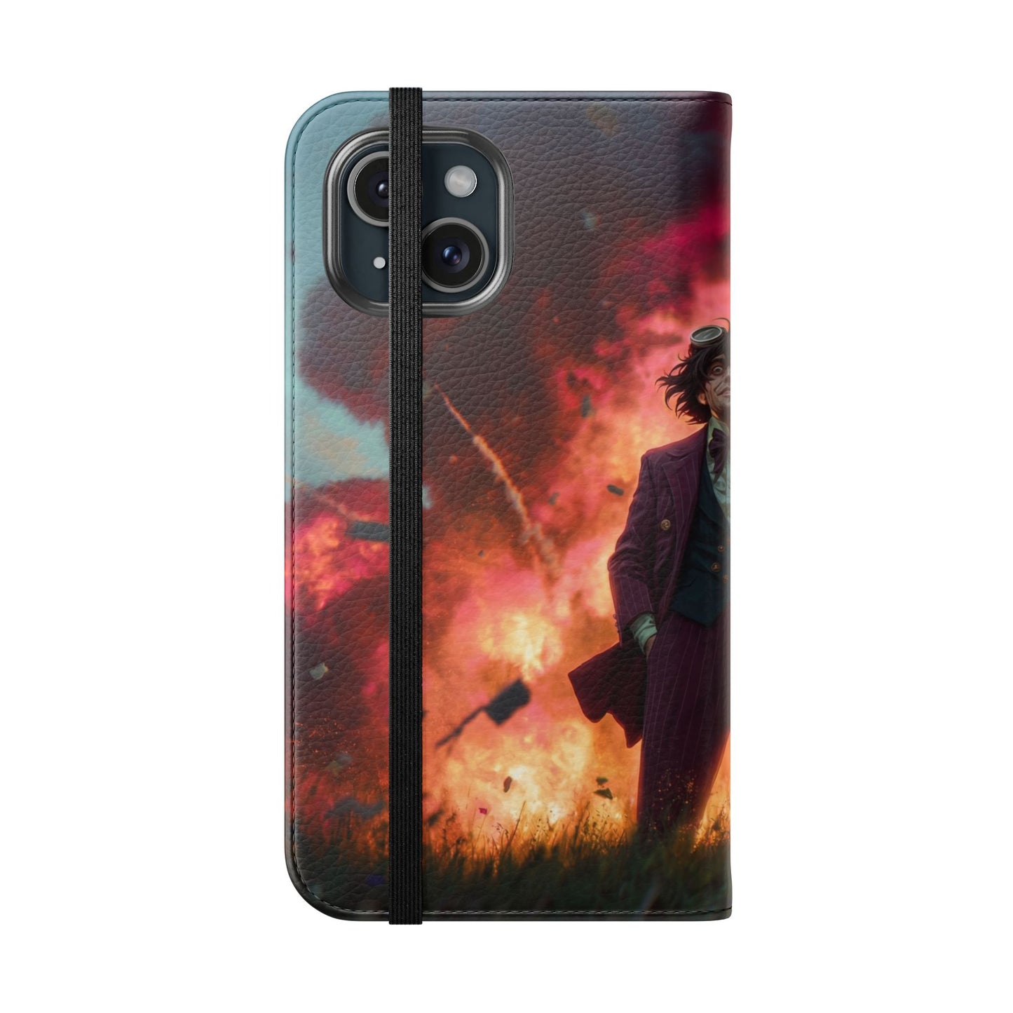 Goggles & Chaos Flip Cases – Purple Suit Amidst Fiery Explosion